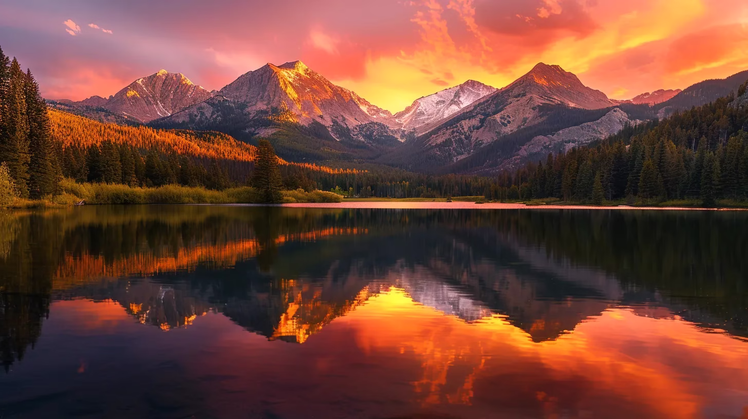 Innovative Ideas for Home Décor Transformation 4 a radiant sunrise casts a golden glow over a serene mountain lake, reflecting vibrant hues of orange and pink sky, with majestic peaks rising in the background.