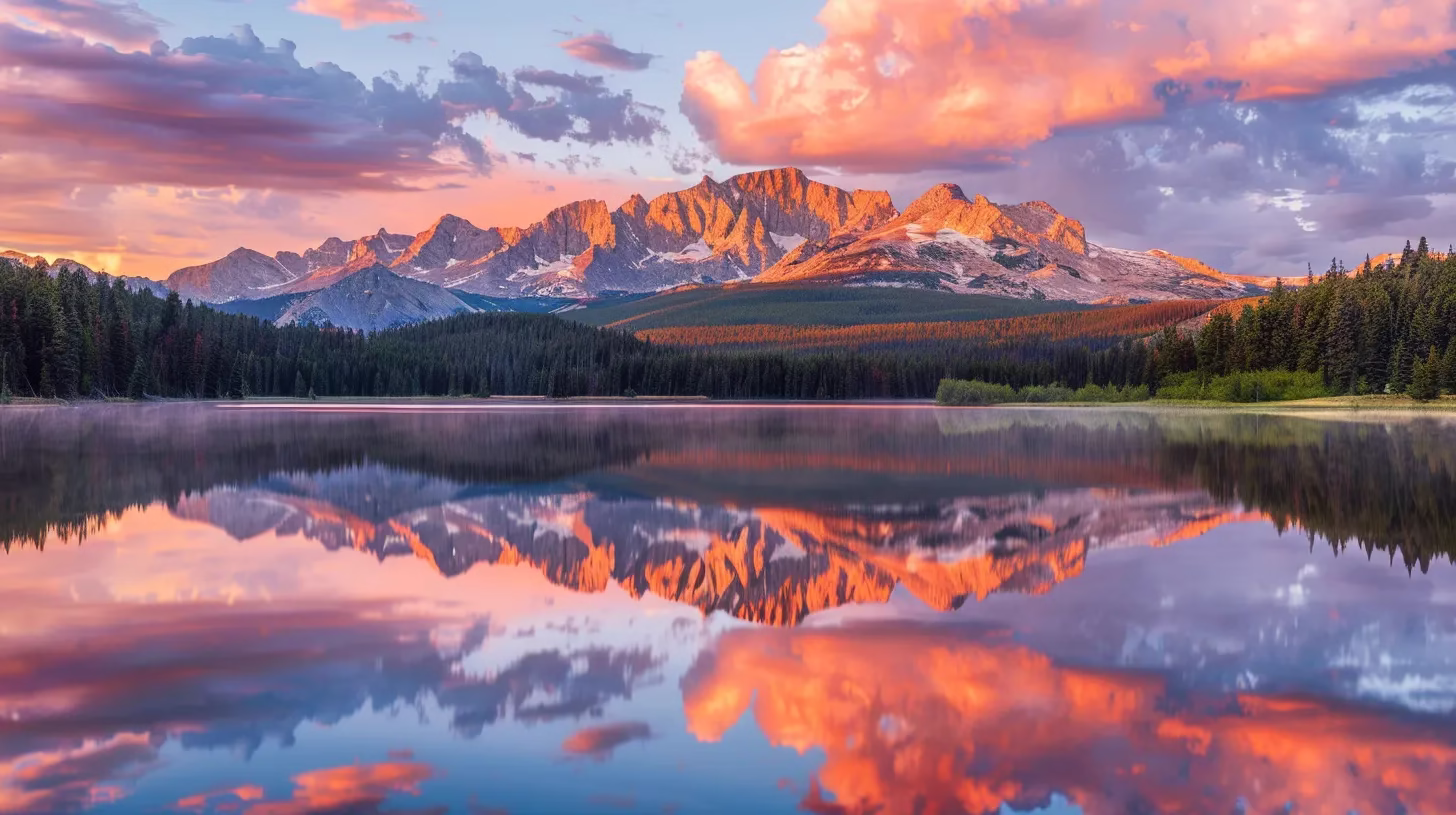 Understanding the Beauty of Rock Water Formations 5 a radiant sunrise paints the sky in vibrant hues of orange and pink, illuminating a serene mountain landscape that reflects perfectly on a calm lake's surface.