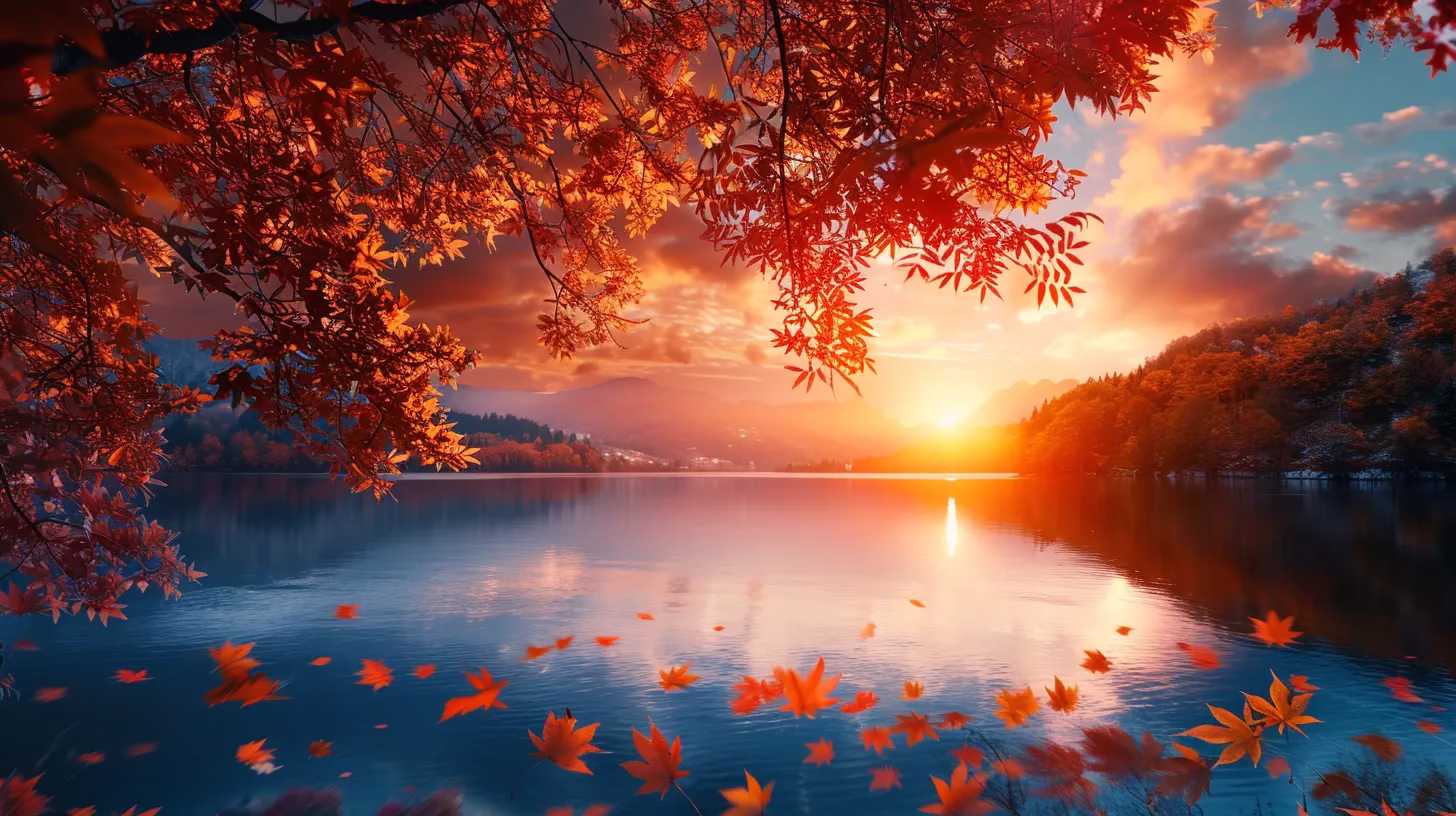 Create a Relaxing Ambiance With Square Water Features 4 a radiant sunset casts a warm glow over a serene lake, where vibrant autumn leaves reflect beautifully on the water's surface, creating a tranquil and harmonious atmosphere.