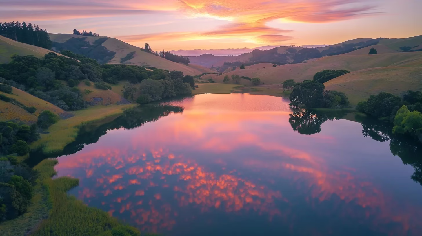 How to Buy Outdoor Water for Your Next Expedition 2 a radiant sunset casts an orange and pink glow over a tranquil lake, its glassy surface mirroring the vibrant sky and surrounding lush green hills.