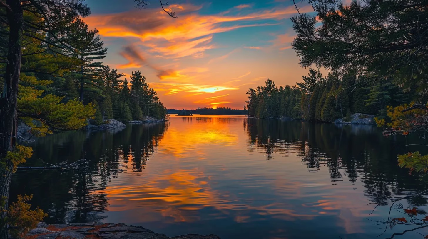 Explore Local Parks With Stunning Fountains Nearby 4 a radiant sunset casts vibrant hues over a tranquil lake, reflecting the fiery colors of the sky while silhouetted trees frame the serene water's edge.
