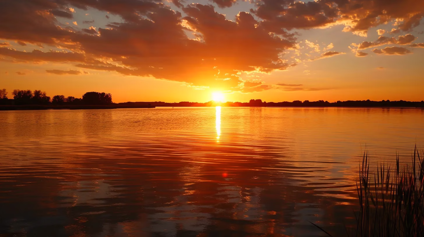 How LED Water Transforms Hydration Experiences 2 a radiant sunset casts warm golden hues over a serene lake, reflecting the vibrant colors of the sky and creating a tranquil atmosphere.