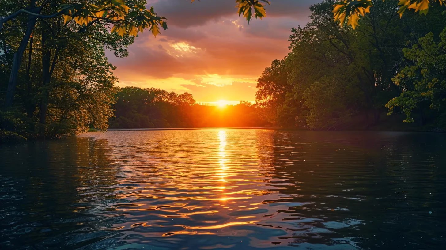 Transform Your Garden With a Stone Wall Fountain 6 a radiant sunset illuminates a serene lake, casting vibrant reflections of fiery oranges and deep purples on the water's surface, surrounded by lush, emerald green trees that frame the tranquil landscape.