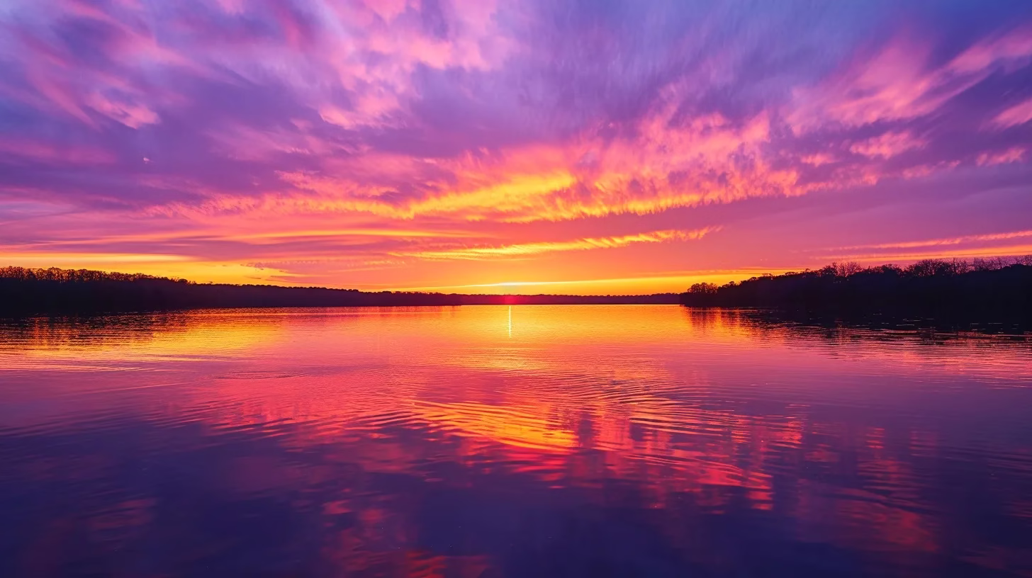 Innovative Wall Design Styles to Enhance Your Space 5 a radiant sunset paints the sky in vibrant hues of orange and purple, casting a warm glow over a serene lake reflecting the breathtaking colors.