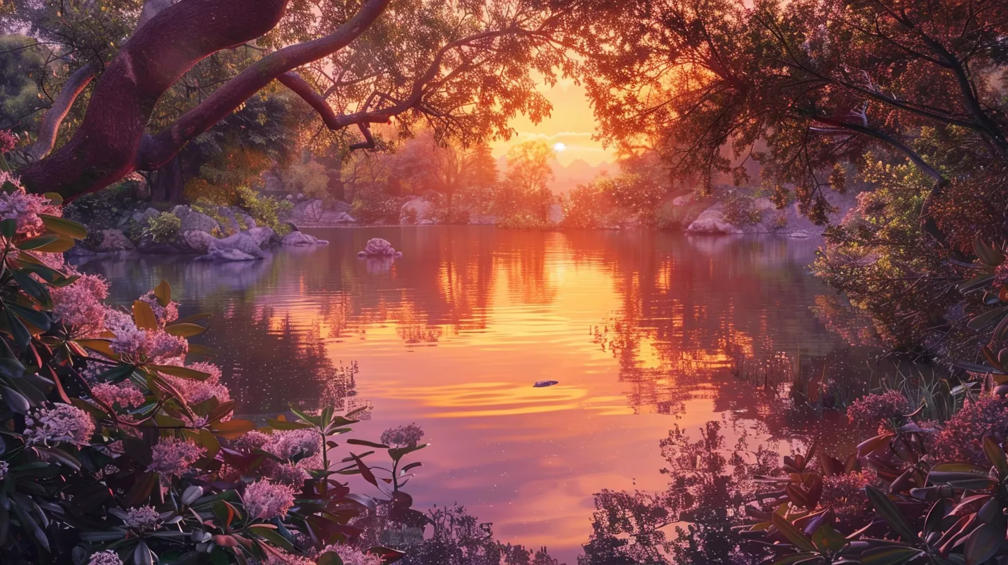 Creating Harmony With Modern Water Elements 1 a serene golden sunset casts a warm glow over a tranquil lake, with vibrant reflections of fiery orange and soft lavender hues dancing on the water's surface, framed by lush greenery.