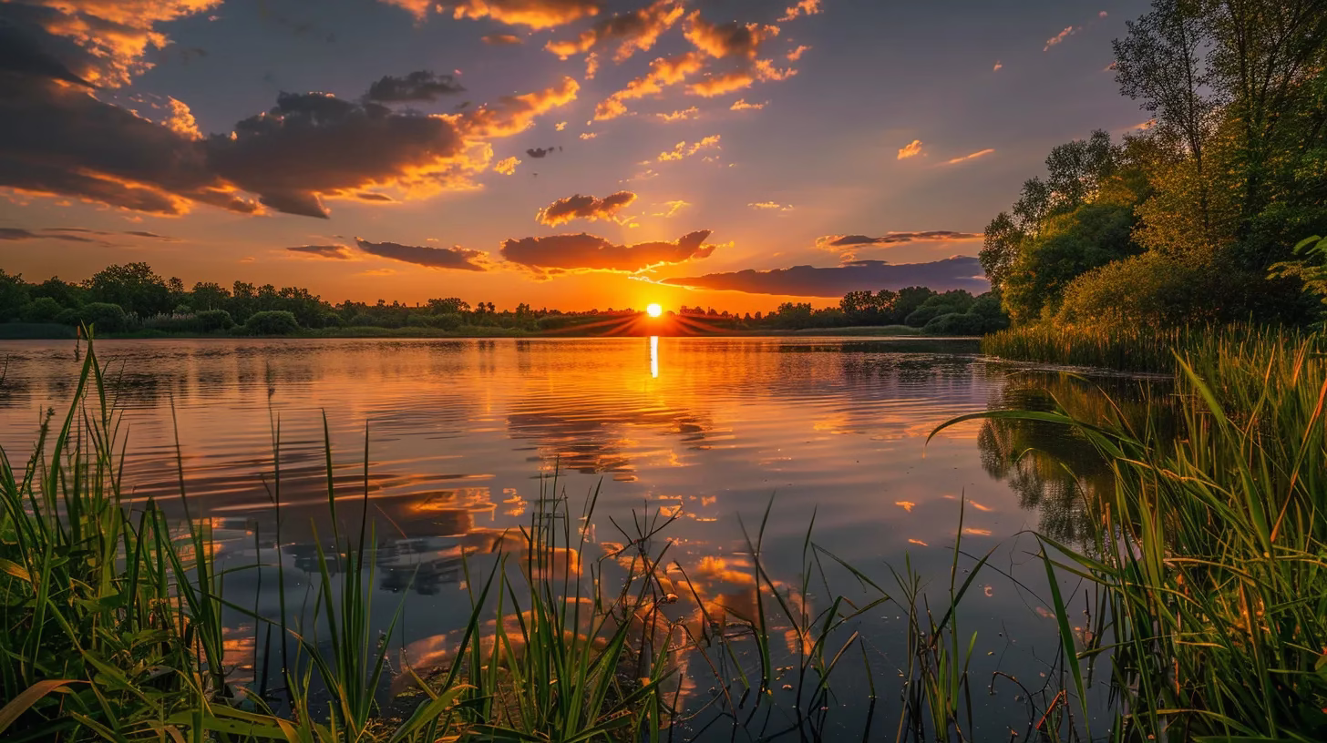 Add Serenity to Your Bedroom With Water Sounds 6 a serene landscape captures a vibrant sunset casting warm hues over a tranquil lake, reflecting the colorful sky and surrounded by lush greenery.