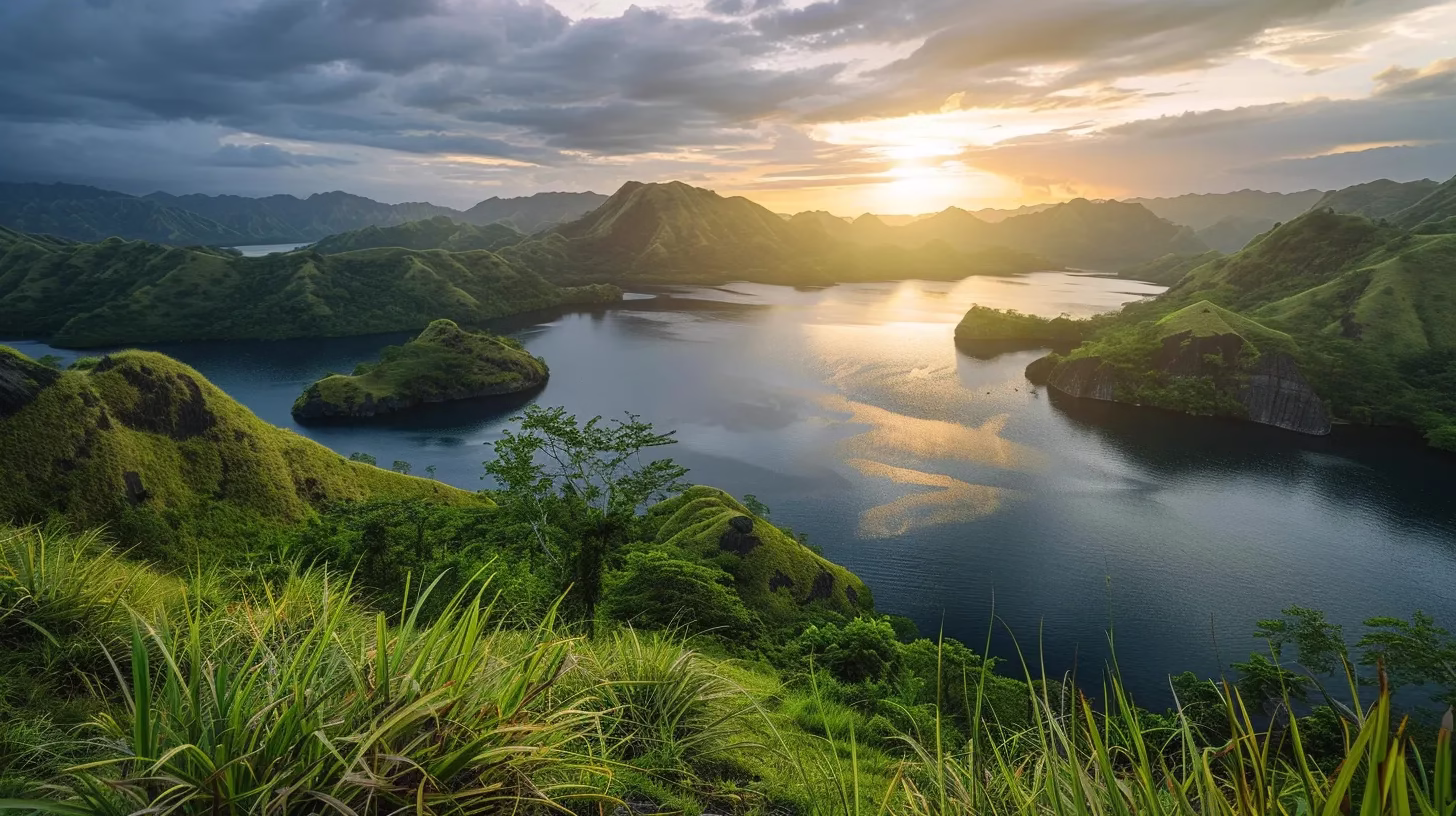 Understanding Vertical Water: Definition and Benefits 6 a serene landscape unfolds at dawn, with a vibrant sunrise casting golden hues over tranquil waters reflecting lush, green hills.