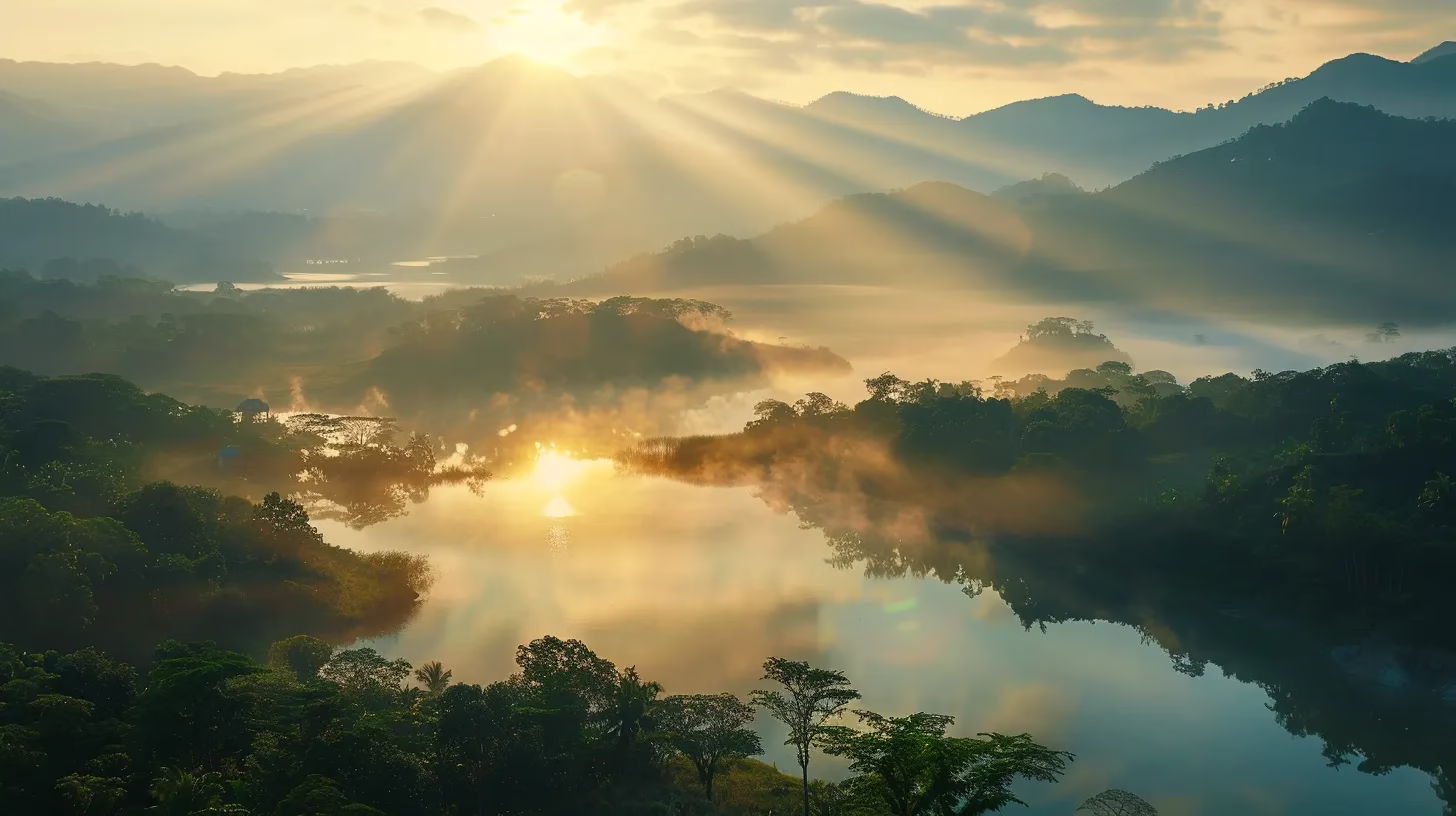 Creative Fountain Small Ideas for Your Backyard Oasis 4 a serene landscape unfolds at dawn, where golden rays of sunlight break through a blanket of mist, illuminating a tranquil lake surrounded by lush, emerald hills.