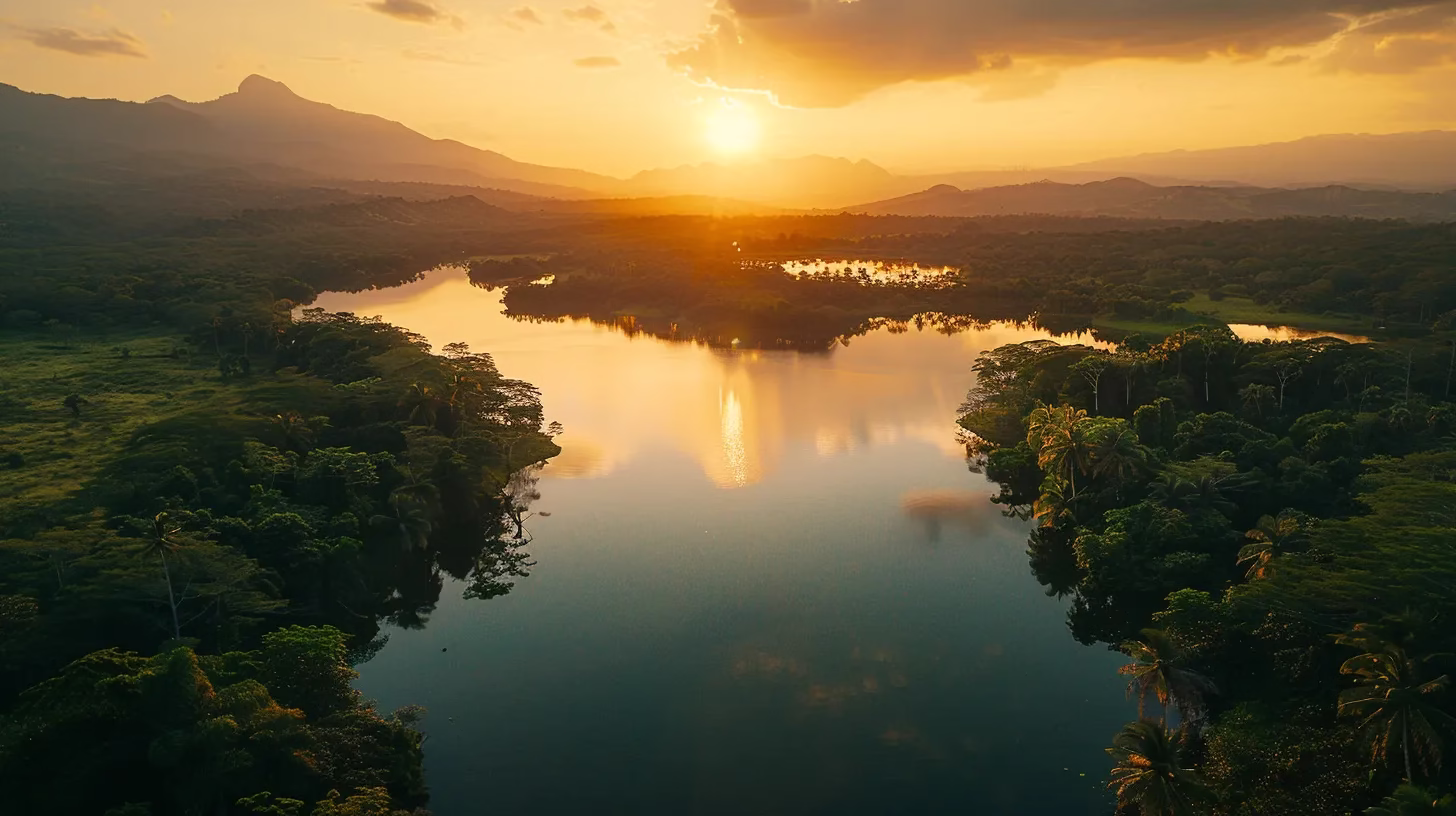 Unique Metal Fountain Ideas for Garden Aesthetics 5 a serene landscape unfolds at dawn, with vibrant, orange-hued skies reflecting on a tranquil lake surrounded by lush, verdant forests, creating a breathtaking harmony of color and nature.
