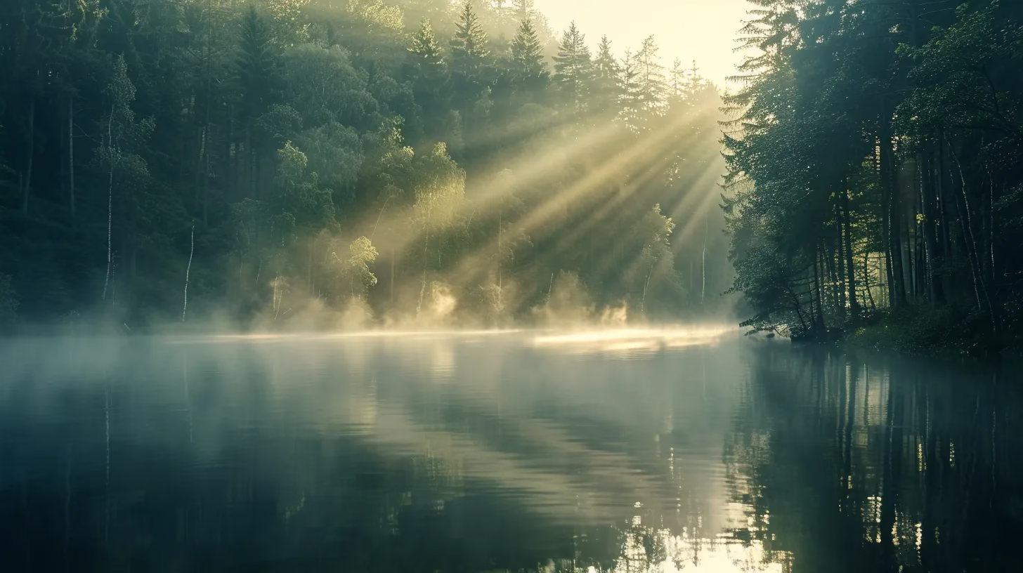 Exploring the Unique Aspects of Water's Composition 5 a serene, misty landscape at dawn reveals a tranquil lake surrounded by towering emerald trees, with soft rays of sunlight filtering through the fog, creating a magical atmosphere.