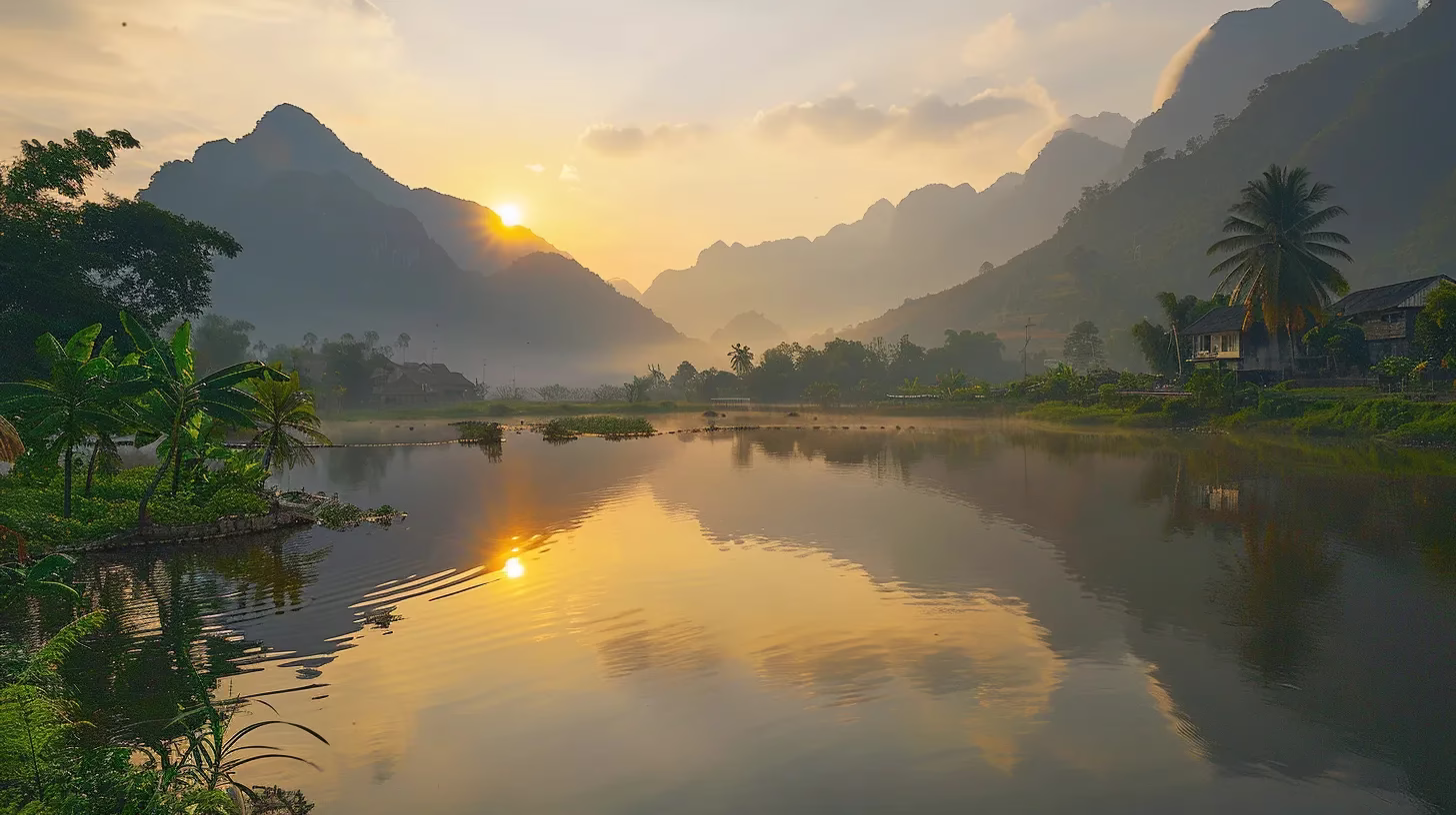 Fountain View: The Perfect Blend of Nature and Comfort 6 a serene mountain landscape at dawn, with mist gently rising over tranquil waters reflecting the vibrant hues of the sunrise, creating an atmosphere of peace and solitude.