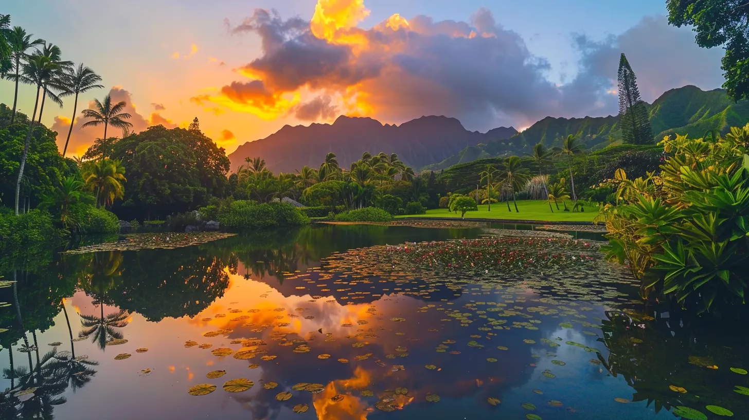 Transform Your Garden With a Stone Wall Fountain 2 a serene sunrise casts a golden glow over a tranquil lake, reflecting the vibrant colors of the sky and surrounding lush greenery.