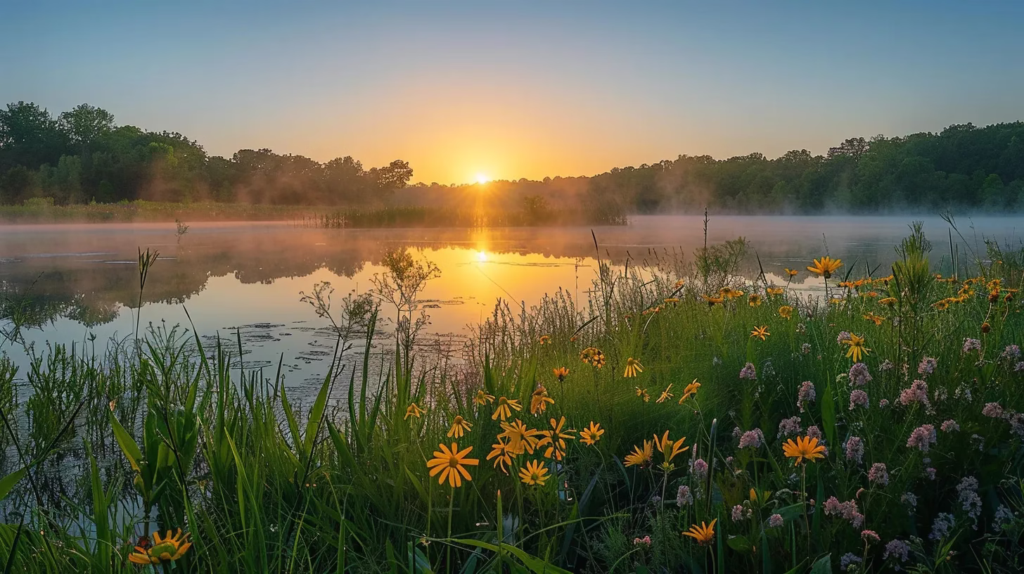 Elevate Your Interior With Trendy Lighting Solutions 3 a serene sunrise casts golden light over a tranquil lake, where mist gently rises from the water's surface and vibrant wildflowers bloom along the shore, creating a harmonious blend of nature's beauty.