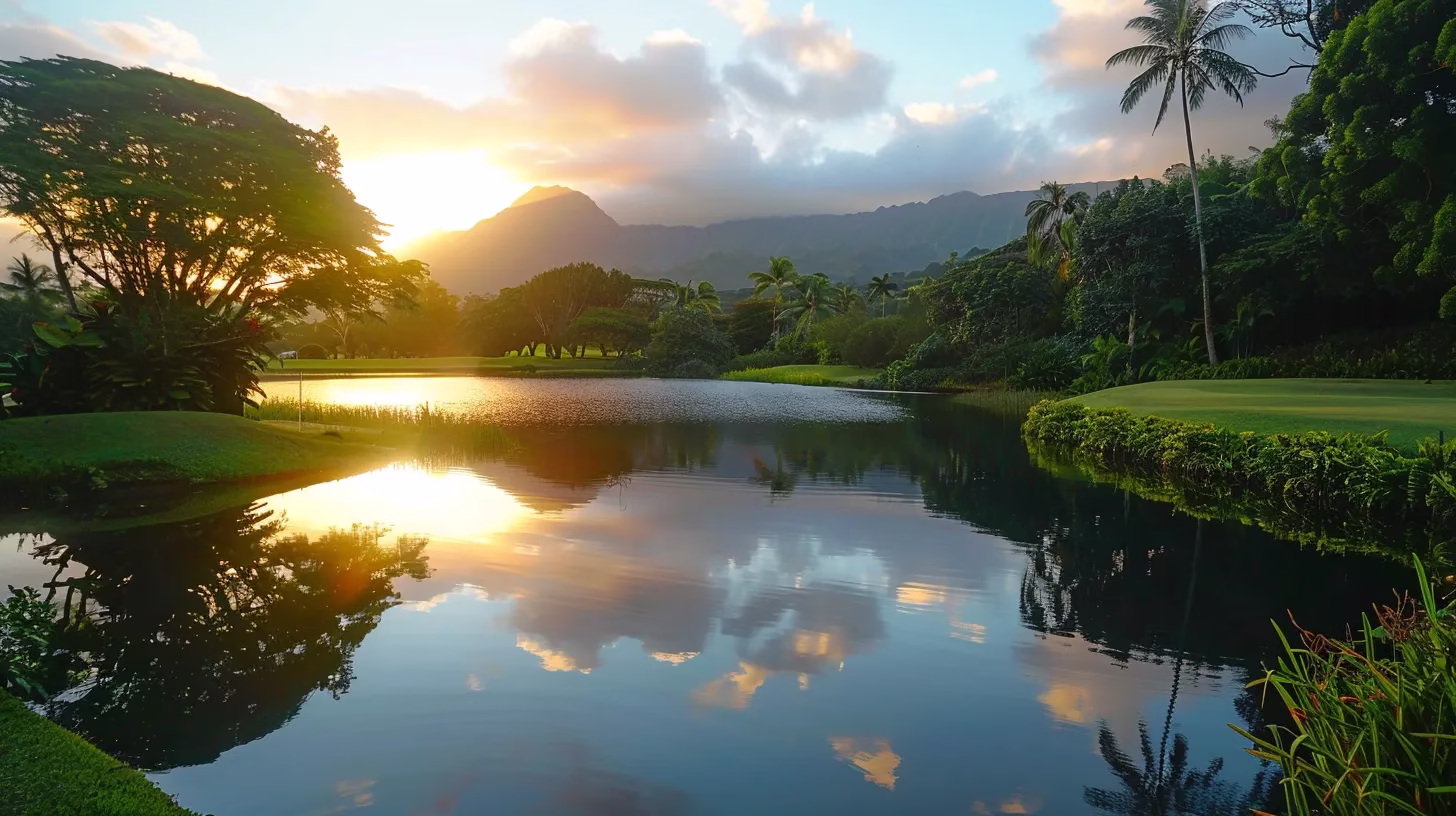 Creating Calm: The Benefits of a Desk Waterfall 6 a serene sunrise casts golden light over a tranquil lake, reflecting the vibrant hues of the sky and surrounding lush greenery, creating a peaceful and harmonious atmosphere.
