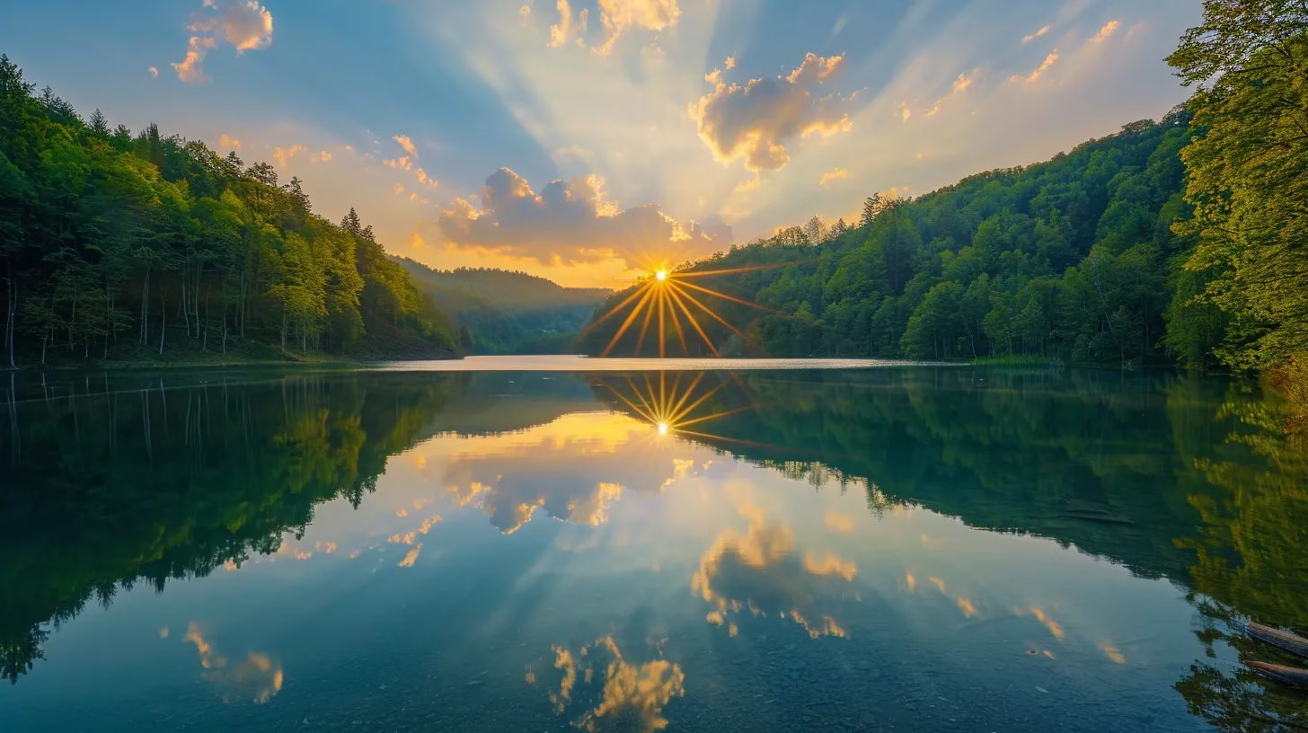 Enhance Your Garden With a Cascade Fountain 6 a serene sunrise casts golden light over a tranquil lake, surrounded by lush, emerald-green forests reflecting perfectly on the glassy water surface.