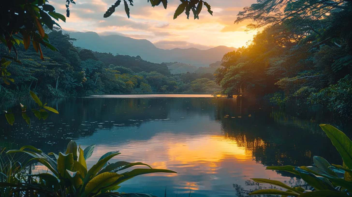 Ways to Feature Indoor Lighting for Stunning Effects 4 a serene sunrise illuminates a tranquil lake, reflecting vibrant hues of orange and pink on the water's surface, surrounded by lush green forest silhouettes.