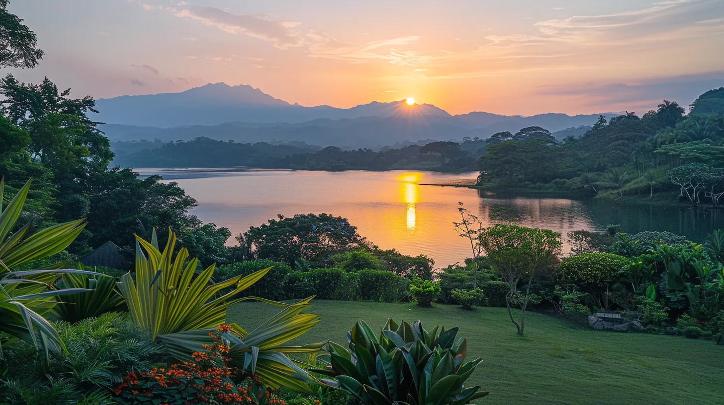 Outdoor Rain Safety: Best Practices for Weather Challenges 1 a serene sunrise over a tranquil lake, with vibrant hues of orange and pink reflecting on the water's surface, surrounded by lush greenery and distant mountains.