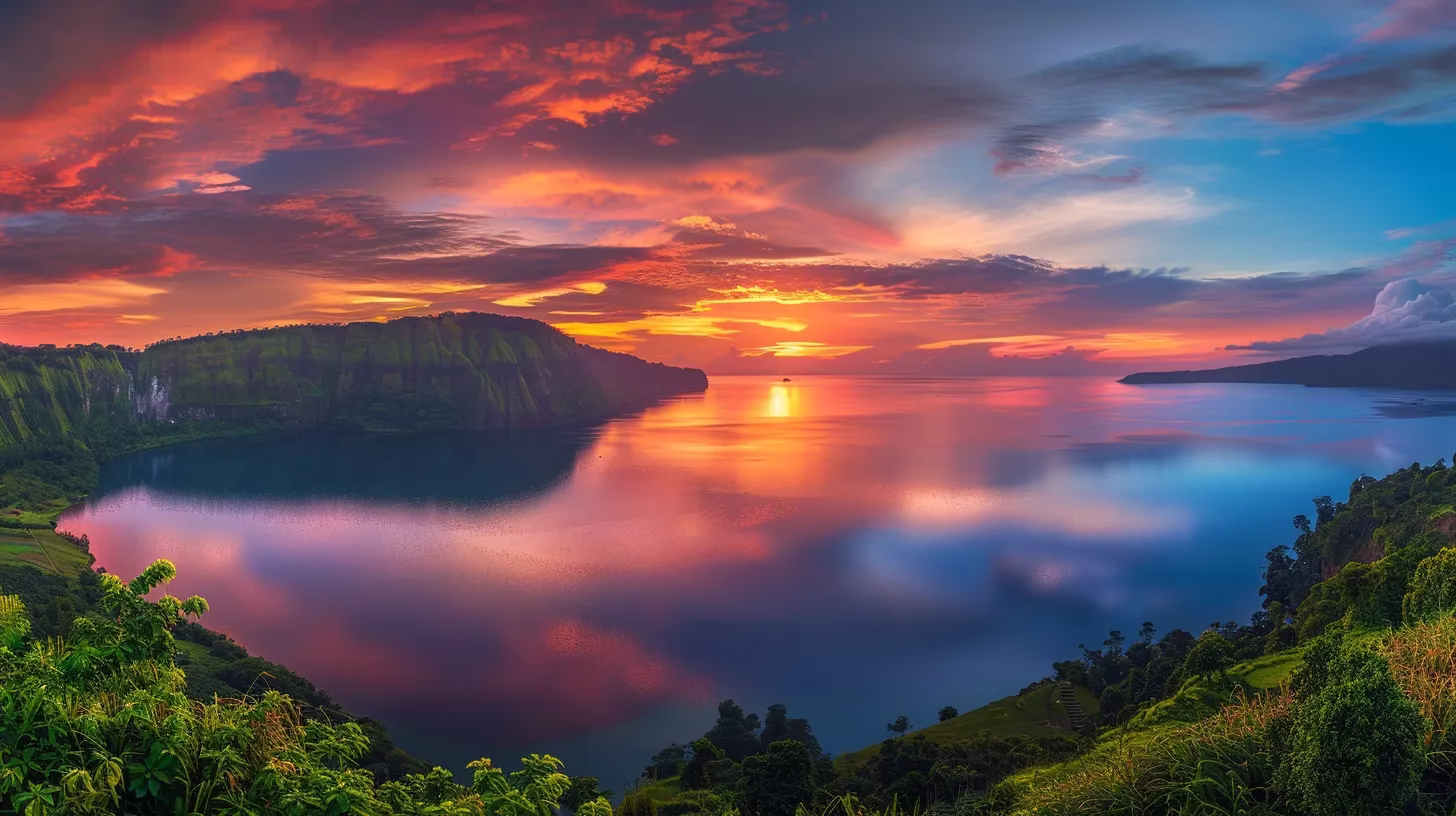 Add Serenity to Your Bedroom With Water Sounds 1 a stunning panorama of a vibrant sunset casting warm hues over a tranquil lake, reflecting the colorful sky and surrounded by lush greenery, creates a serene atmosphere.