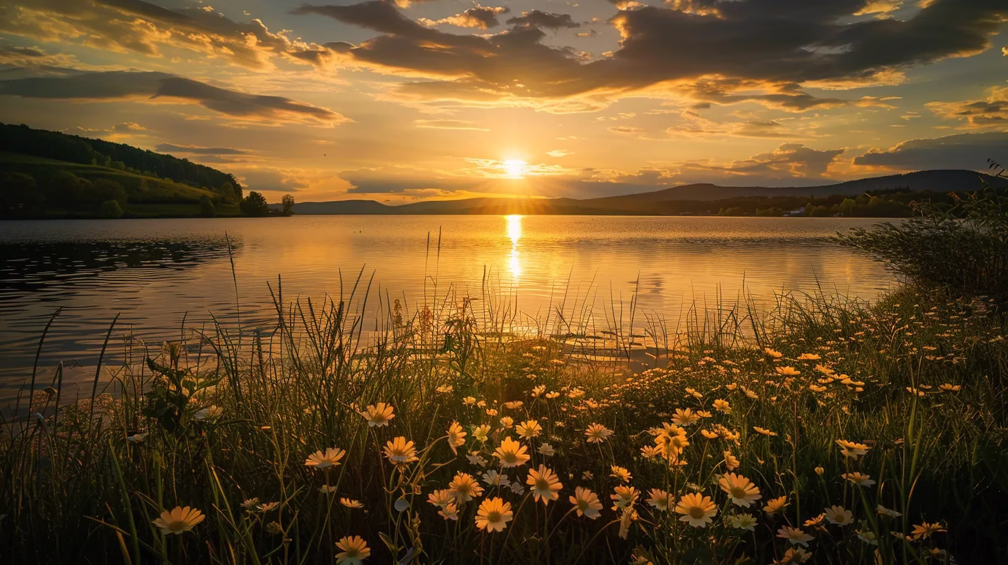 Create a Calm Atmosphere With Indoor Fountains for Sale 5 a stunning sunset casts a golden hue over a serene lake, where vibrant wildflowers bloom along the shoreline, creating a peaceful and idyllic landscape.