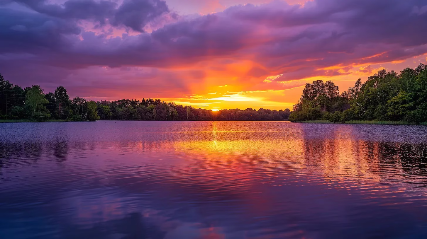Achieve Elegance With a Beautifully Designed Tall Wall 4 a stunning sunset casts a warm, golden hue over a tranquil lake, reflecting vibrant orange and purple skies, surrounded by lush, verdant forests.