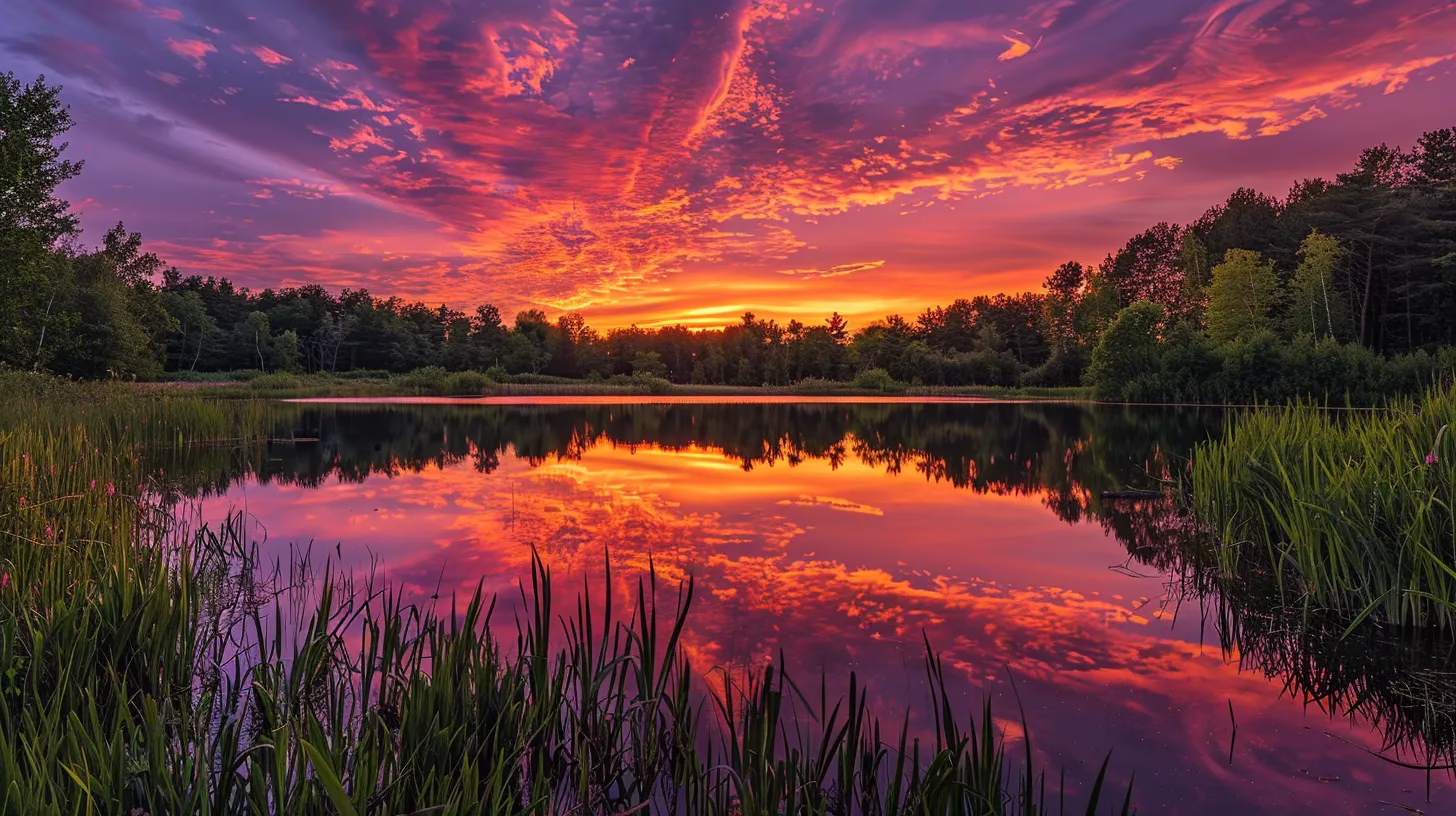 Innovative Wall Design Styles to Enhance Your Space 4 a stunning sunset casts vibrant hues of orange and pink across a tranquil lake, reflecting the vibrant sky and surrounded by lush green forests in a serene landscape.