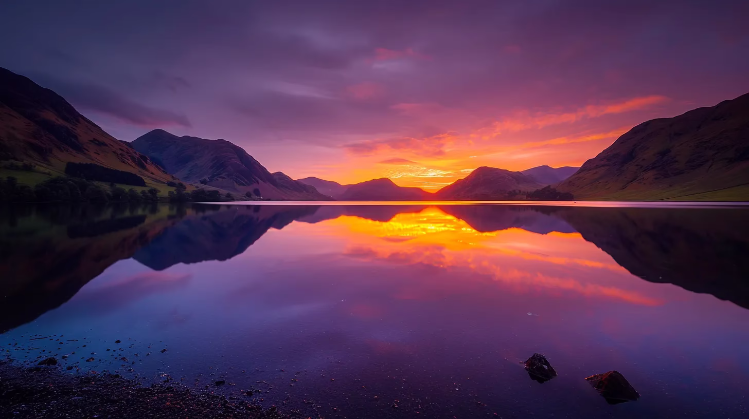 Transform Your Yard With a Stone Water Fountain 1 a stunning sunset drapes the horizon in vibrant hues of orange and purple, casting a warm glow over a serene lake reflecting the colorful sky.