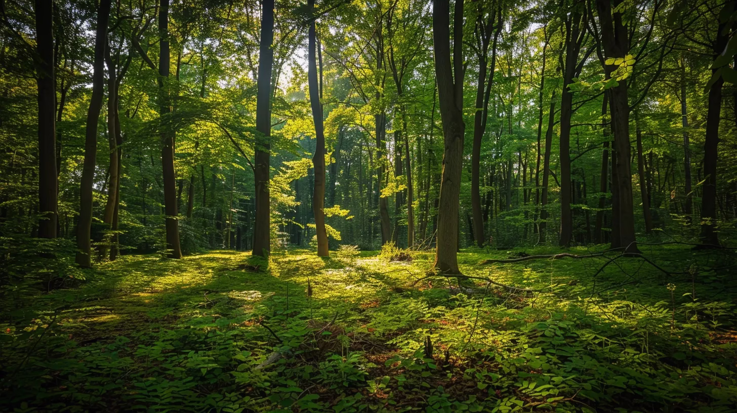 Fountain View: The Perfect Blend of Nature and Comfort 2 a tranquil forest scene bathed in golden sunlight, where vibrant green foliage contrasts beautifully with the soft, dappled shadows on the forest floor.