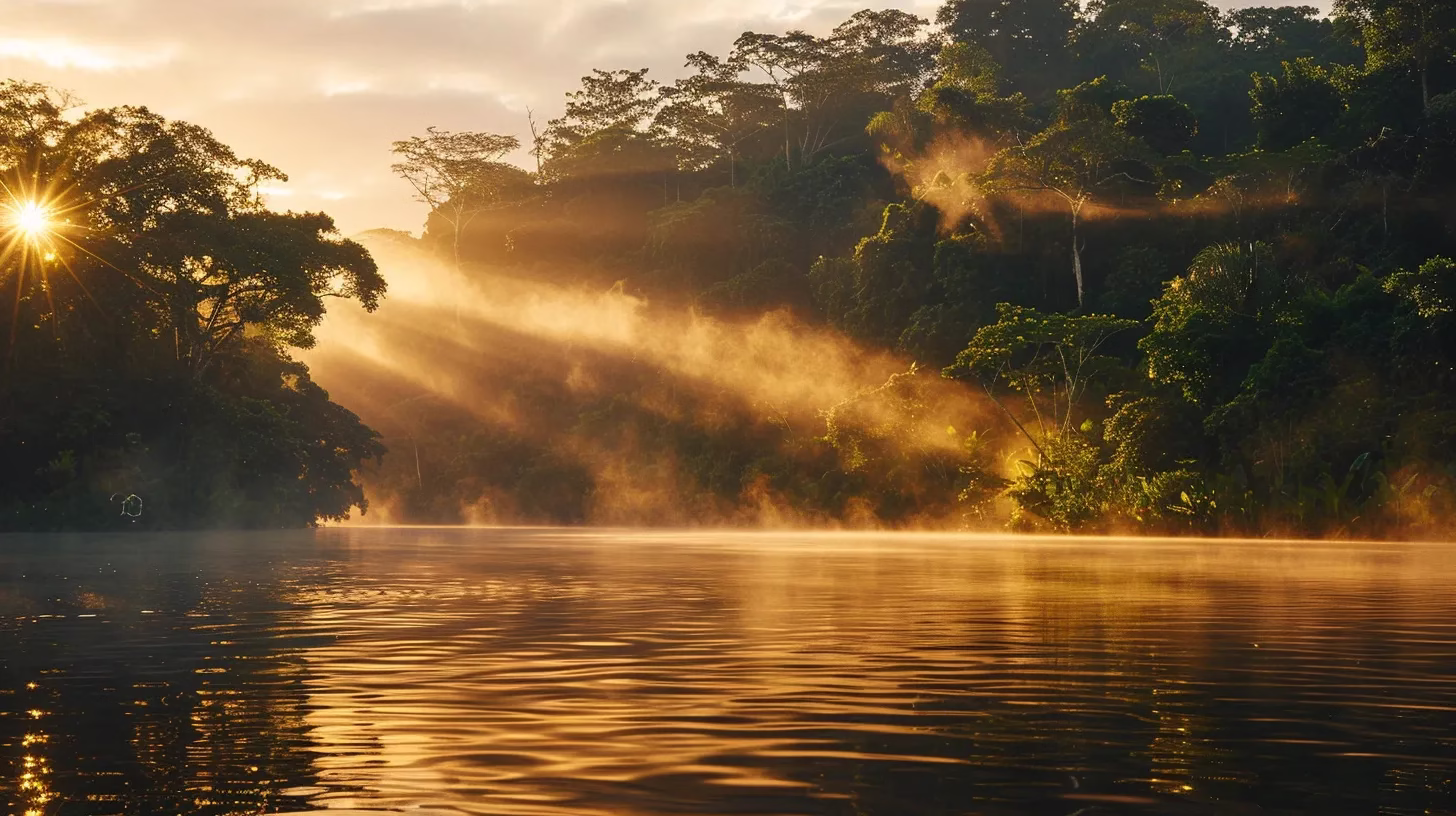 Unique Landscaping for Your Backyard Wall Projects 3 a tranquil morning landscape features a vibrant mist rising over a serene lake, with golden sunlight filtering through lush, verdant trees, creating a captivating reflection on the water's surface.