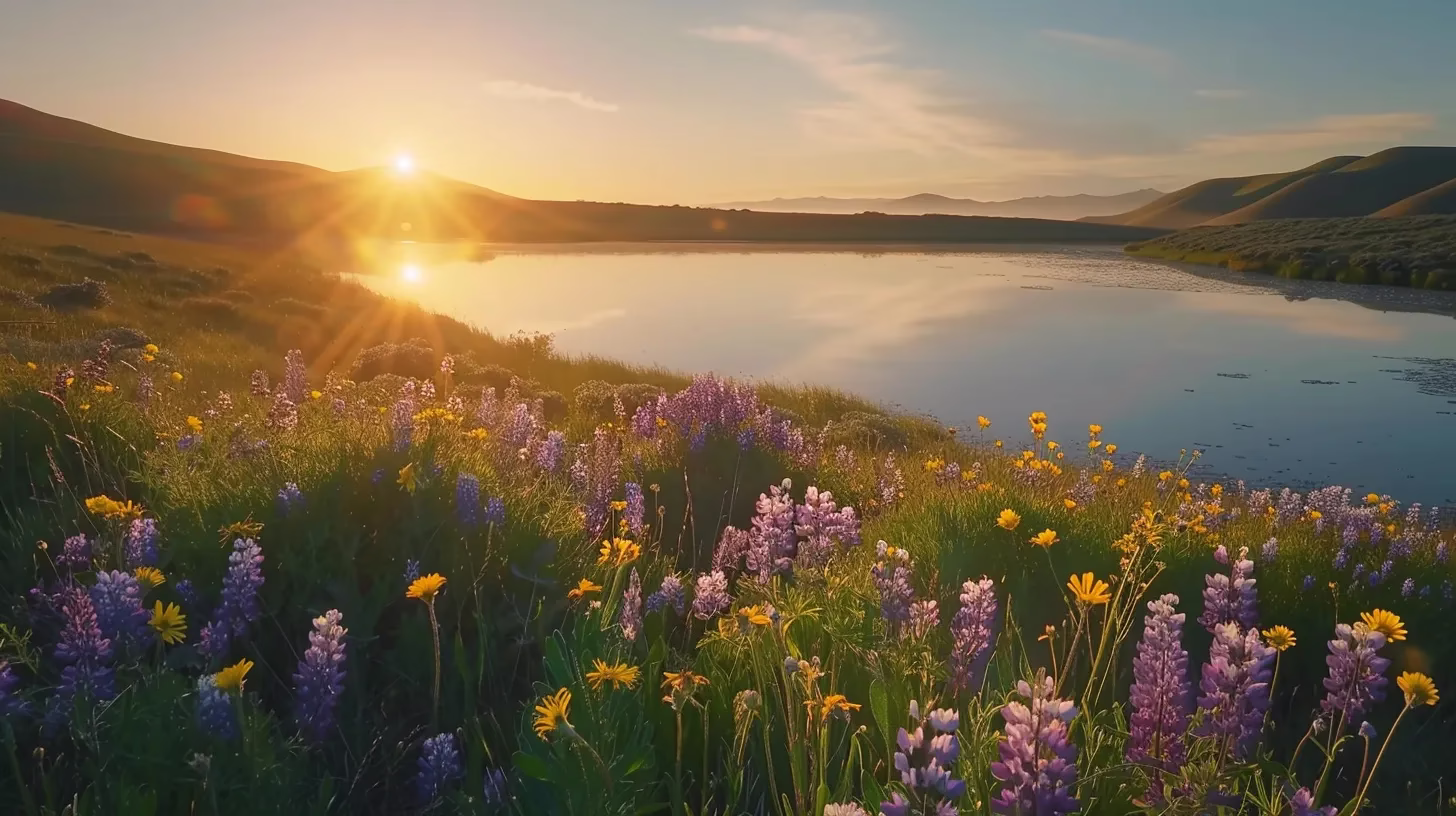 How Wall Water Adds Serenity to Your Surroundings 1 a tranquil sunrise casts a golden glow over a serene lake, where vibrant wildflowers line the shore, creating a captivating reflection in the still waters.