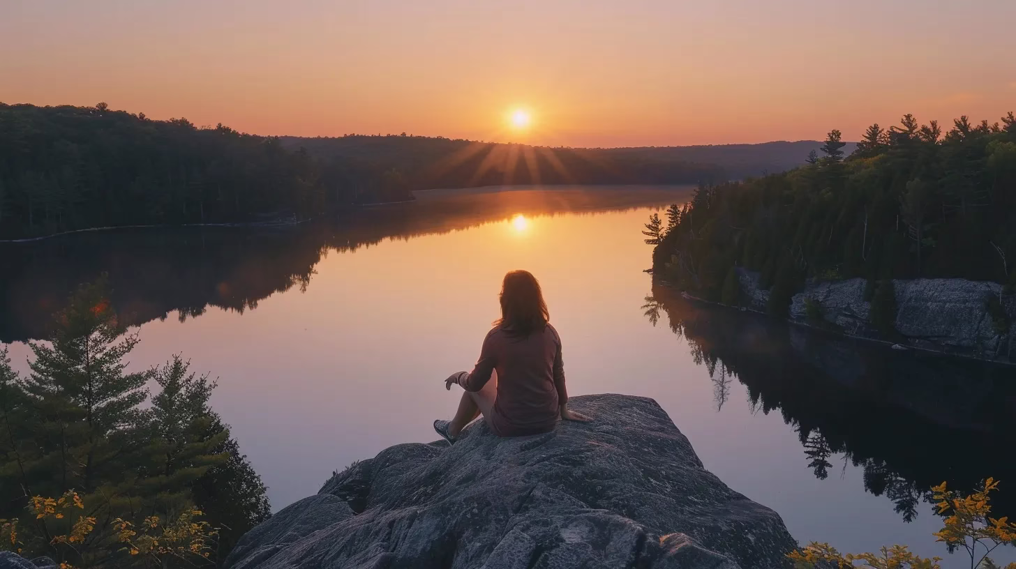 Explore Local Parks With Stunning Fountains Nearby 6 a tranquil sunrise over a serene lake, reflecting vibrant hues of orange and pink in the glassy water, surrounded by lush, green forests under a clear, expansive sky.