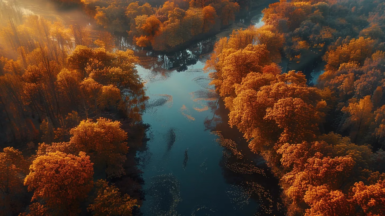 Unique Interior Wall Treatments for Modern Interiors 2 a vibrant autumn landscape showcases a golden forest canopy illuminated by soft morning light, with a tranquil river reflecting the colors of the foliage.