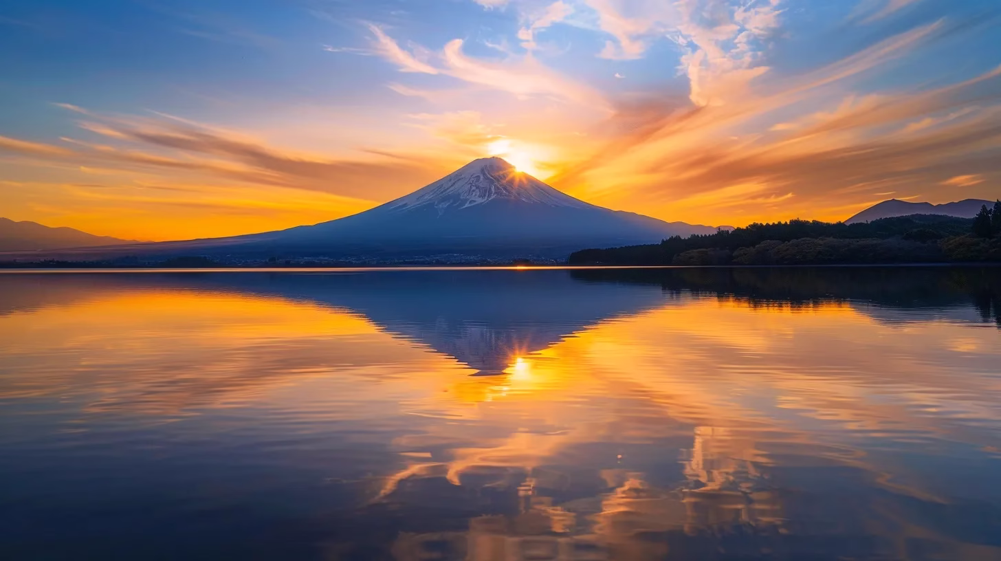 Choosing the Right Materials for Fountain Walls 3 a vibrant, breathtaking sunset casts a warm golden hue over a tranquil lake, where a solitary silhouette of a majestic mountain reflects in the still water.