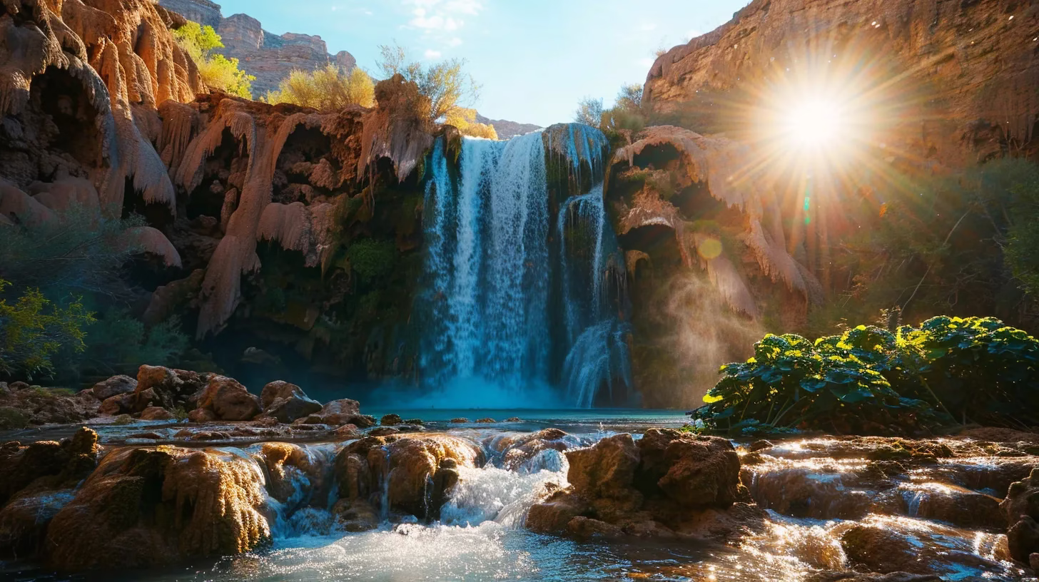 Enhancing Outdoor Serenity With Rain Fountain Designs 6 a vibrant, cascading waterfall tumbles over rugged rocks, surrounded by lush greenery that glistens under the softened rays of golden sunlight filtering through a clear blue sky.