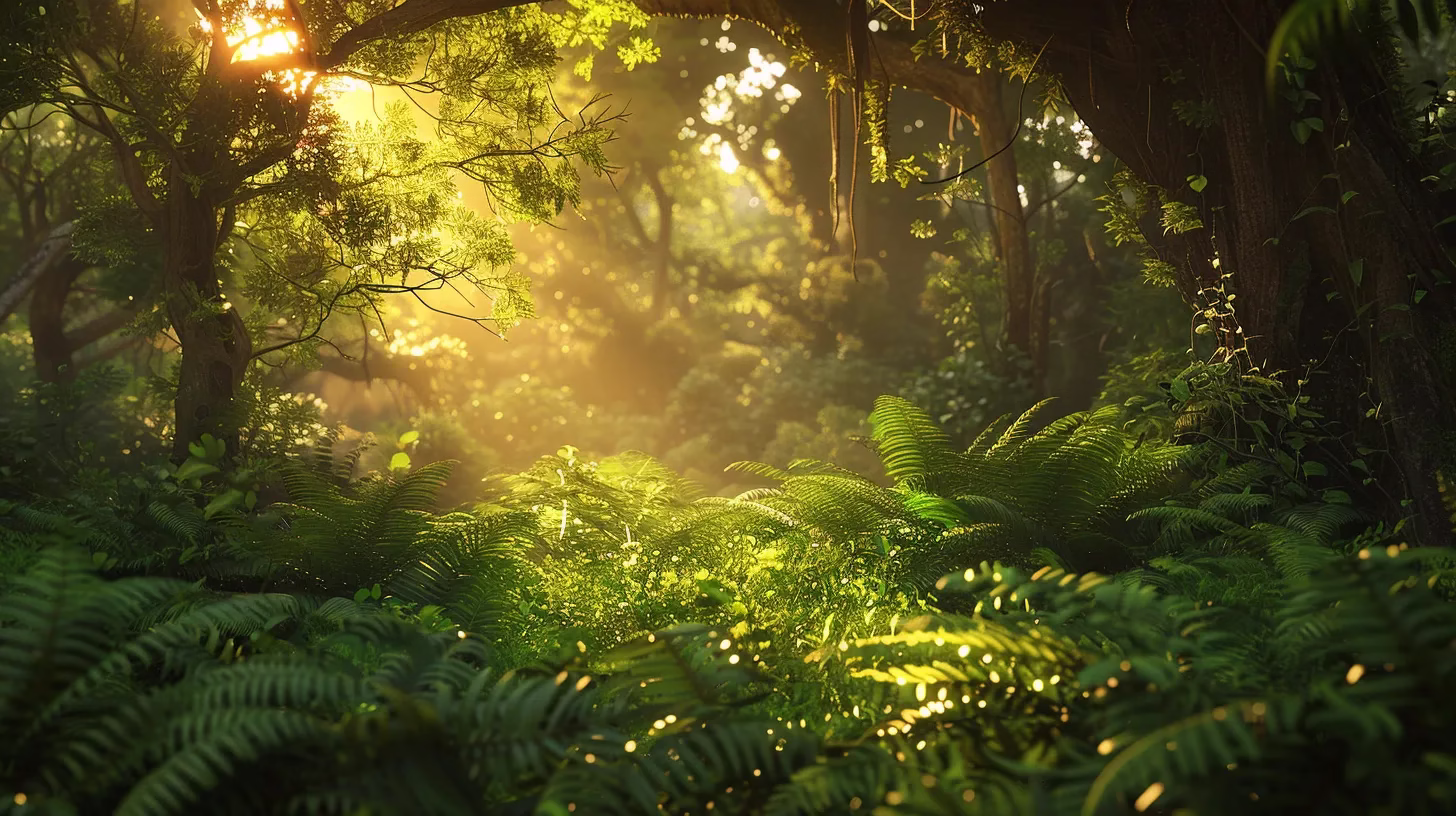 Bringing Tranquility Home With LED Water Bubble Displays 4 a vibrant forest glade bathed in golden sunlight, where lush green ferns gracefully unfurl among towering ancient trees, creating a serene and enchanting atmosphere.