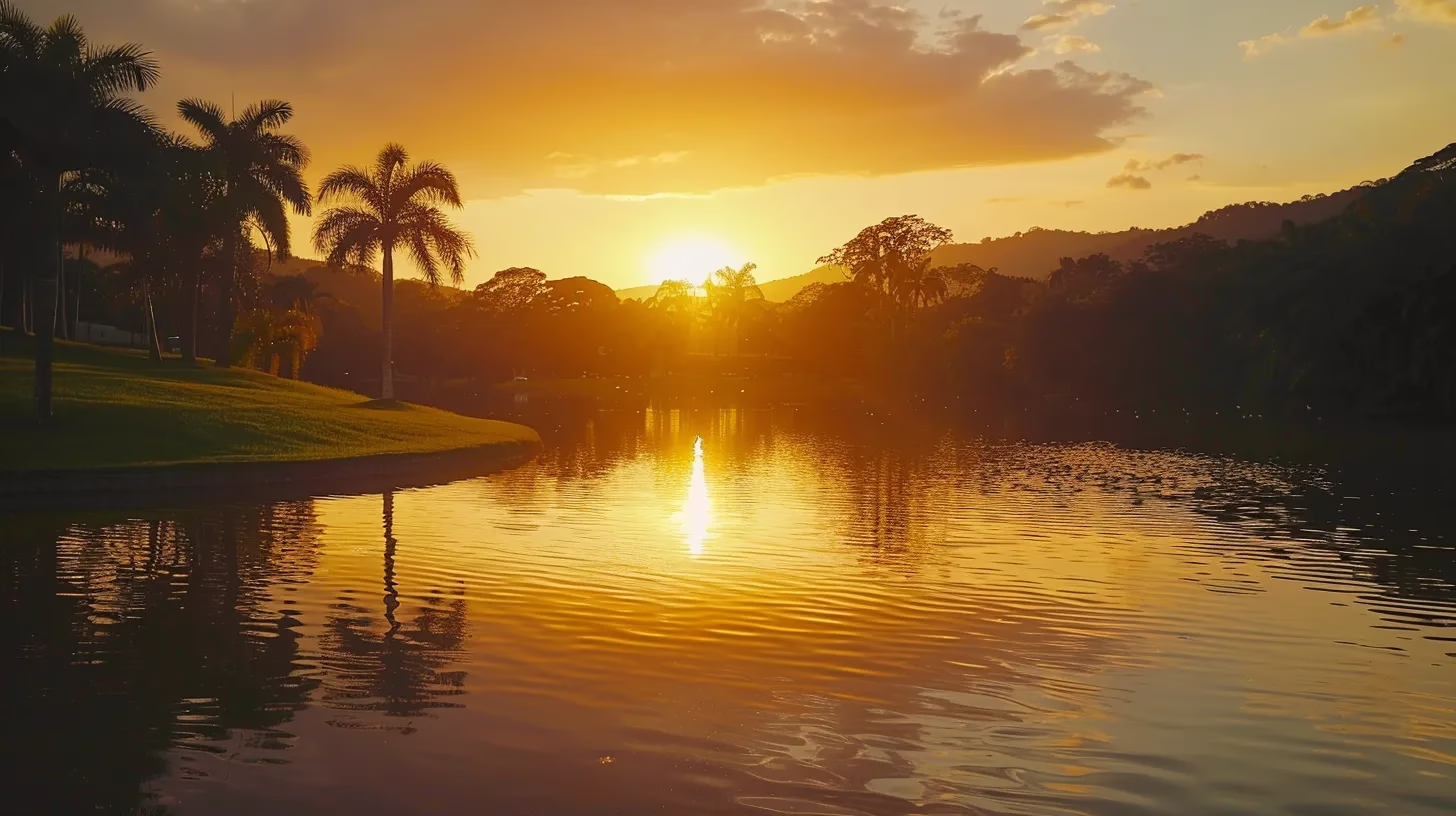 Captivating Fountain Water Designs for Family Gatherings 4 a vibrant golden sunset casts a warm glow over a tranquil lake, reflecting the fiery sky and surrounding lush greenery, evoking a serene and peaceful atmosphere.