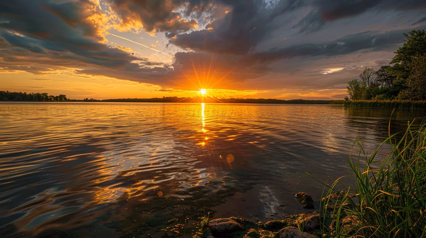 Enhance Your Garden With a Cascade Fountain 3 a vibrant, golden sunset casts dramatic shadows over a serene lake, where crystal-clear waters reflect the fiery sky and lush greenery surrounds the tranquil shoreline.