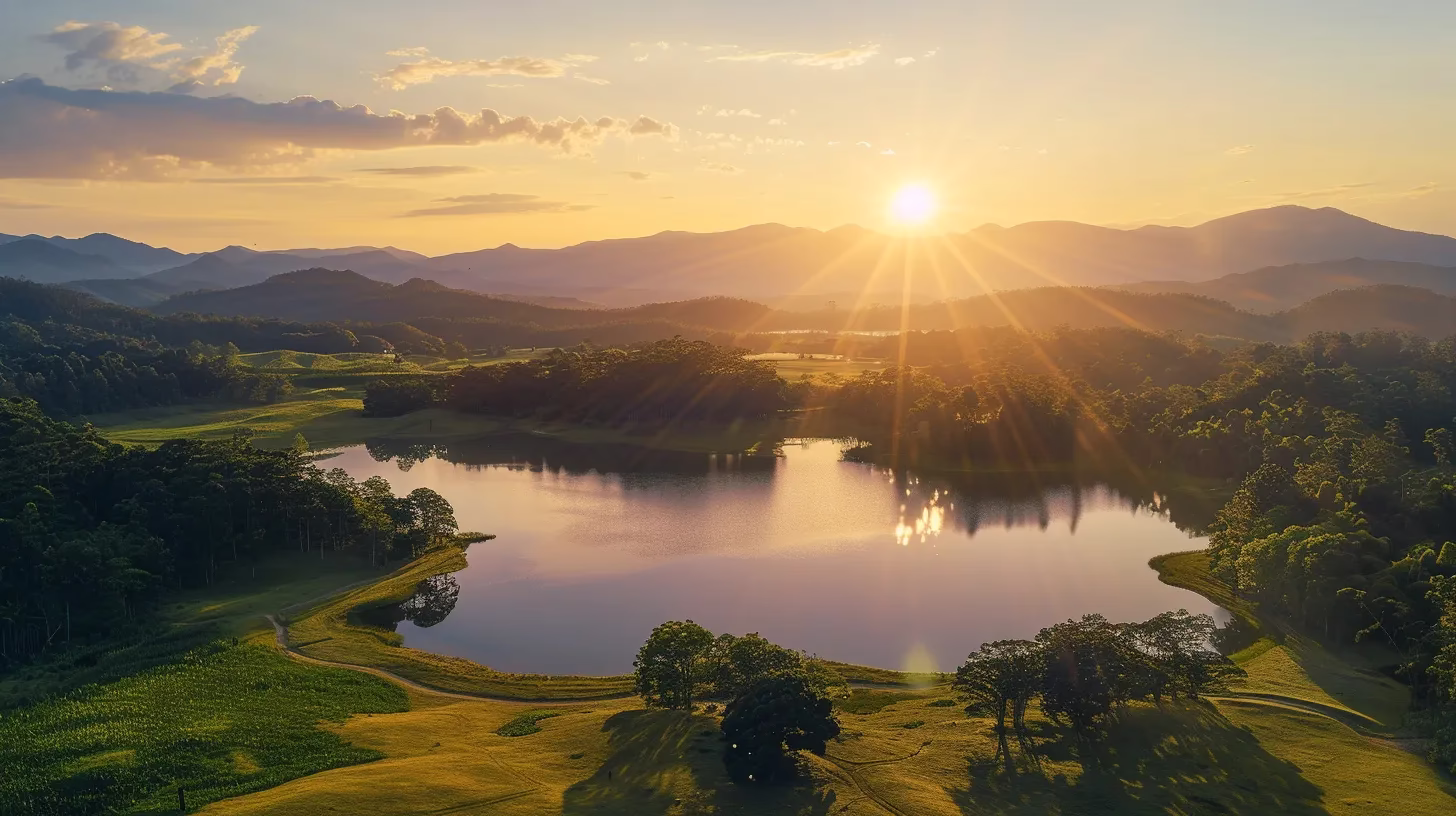 Quality Brands to Trust When You Buy Water Fountain 2 a vibrant, sprawling landscape at dawn features a golden sun casting warm rays over a tranquil lake surrounded by lush greenery and distant mountains, embodying the serene beauty of nature awakening.