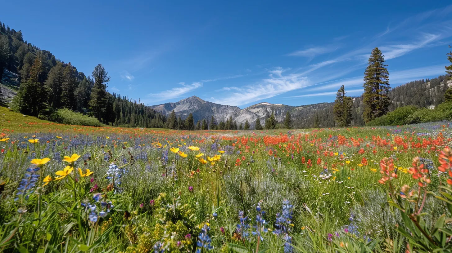 Choosing the Right Materials for Fountain Walls 1 a vibrant, sunlit meadow bursts with colorful wildflowers, accented by a serene, clear blue sky overhead, capturing the essence of nature's beauty and tranquility.