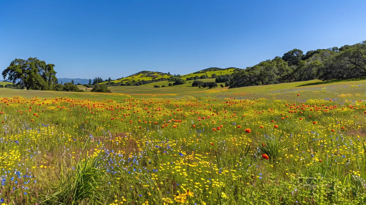 Advantages of Using a Mesh Wall for Outdoor Areas 3 a vibrant, sunlit meadow bursts with a tapestry of wildflowers in full bloom, their vivid colors contrasting beautifully against a clear blue sky, evoking a sense of serene natural beauty.