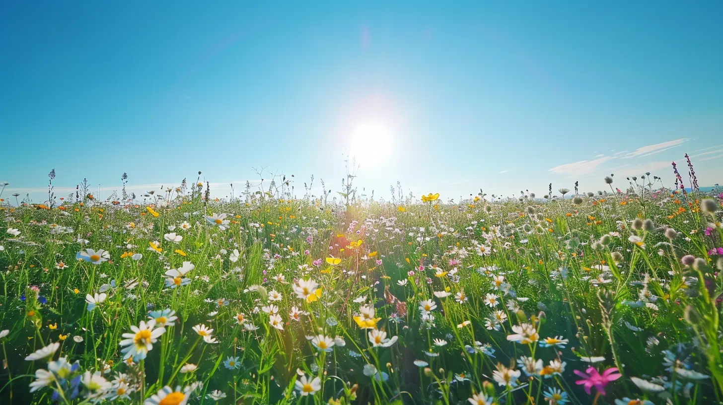 Transform Your Garden With a Stone Wall Fountain 5 a vibrant, sunlit meadow filled with blooming wildflowers stretches towards the horizon, under a clear blue sky, embodying the tranquil essence of nature in full bloom.