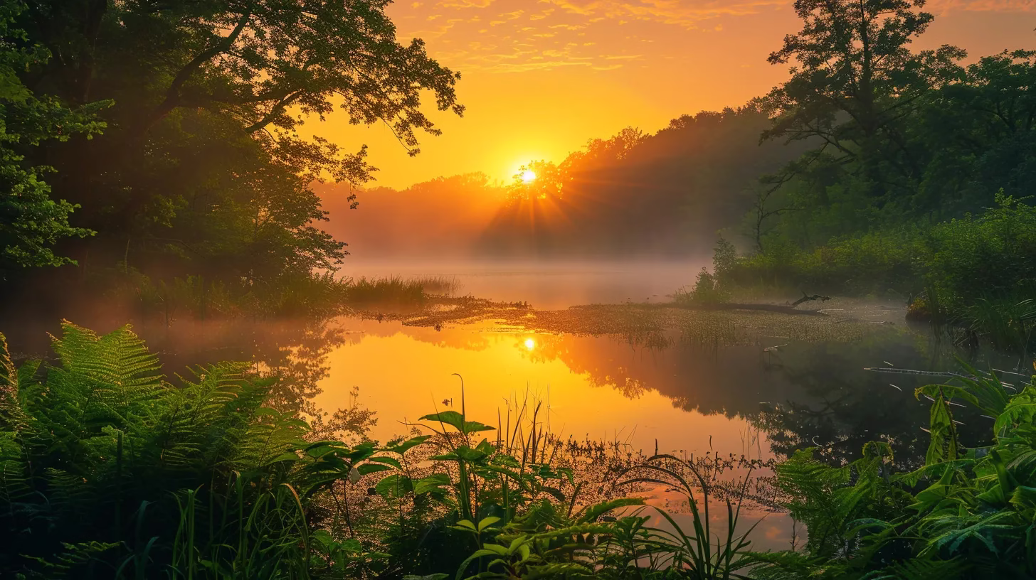 Unique Landscaping for Your Backyard Wall Projects 1 a vibrant sunrise casts a golden glow over a tranquil forest, where lush greenery meets the gentle mist rising from a serene, reflective pond.