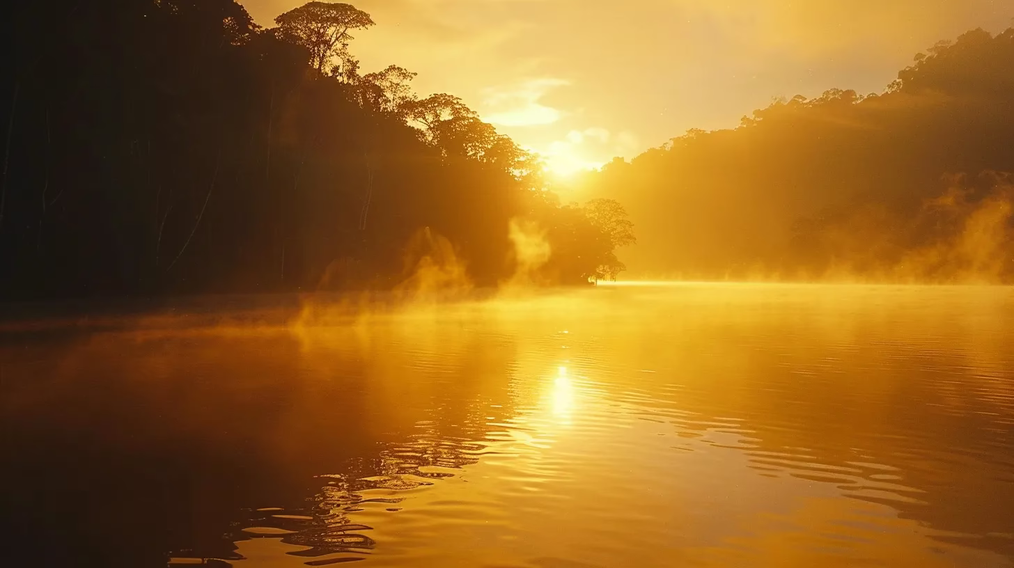 Experience Serenity With Fountain Tall Water Displays 5 a vibrant sunrise casts a golden glow over a tranquil lake, with mist rising softly from the water, creating an ethereal reflection of the surrounding lush forests and mountains.