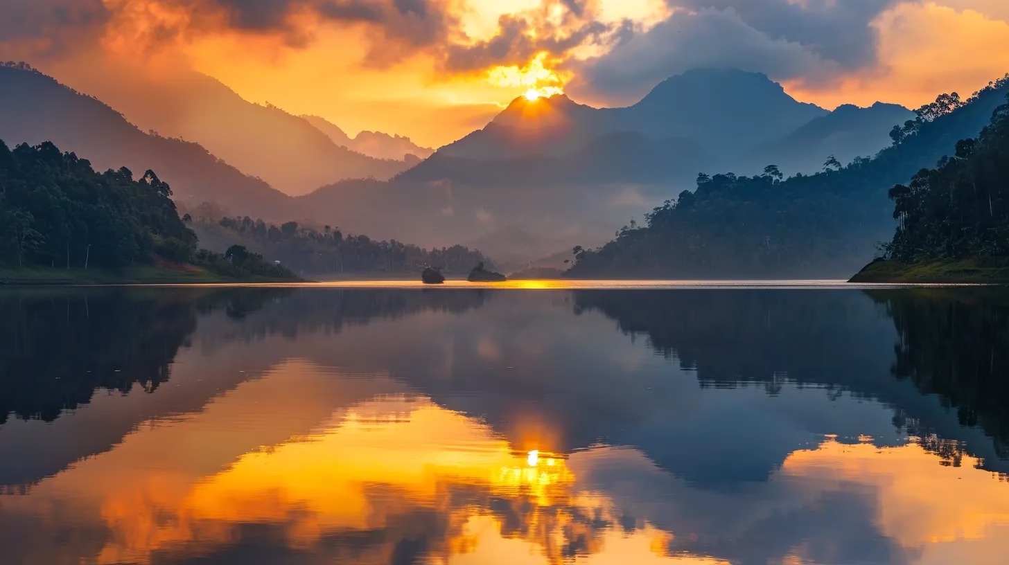 a vibrant sunrise casts a golden hue over a tranquil lake, reflecting the silhouettes of majestic mountains adorned with lush greenery.
