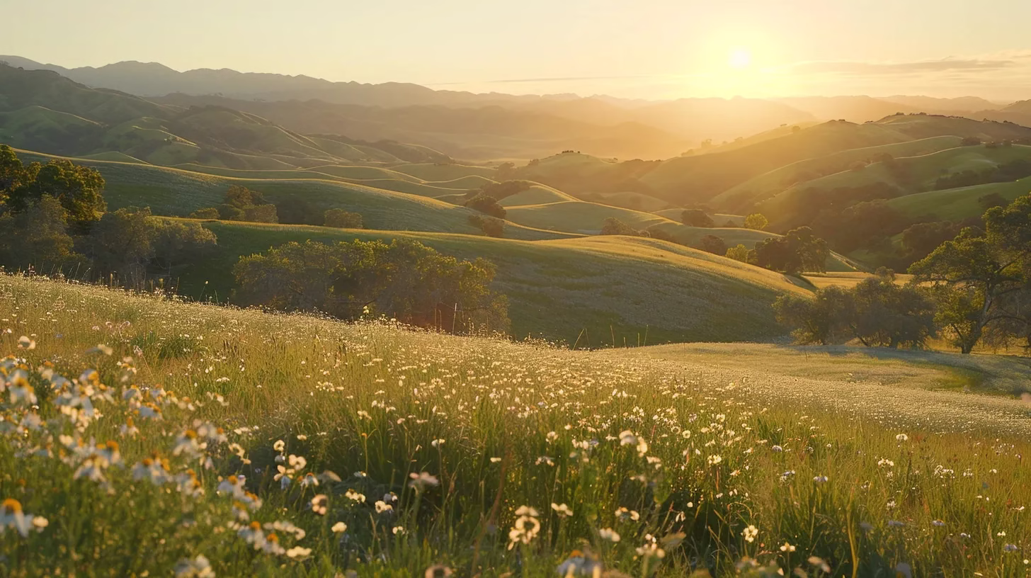 Creating Calm: The Benefits of a Desk Waterfall 4 a vibrant sunrise casts a warm golden light over a serene landscape of rolling hills blanketed in lush green grass, dotted with wildflowers swaying gently in a soft breeze.
