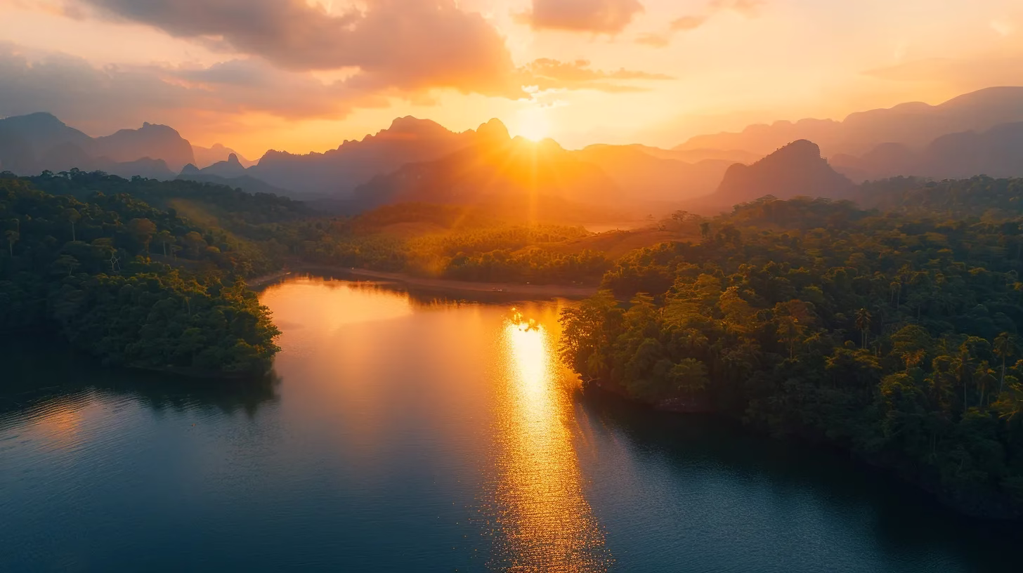 Enhancing Outdoor Serenity With Rain Fountain Designs 5 a vibrant sunrise casts a golden glow over a tranquil lake, mirroring the vivid hues of orange and pink in the sky, framed by lush green mountains in the background.