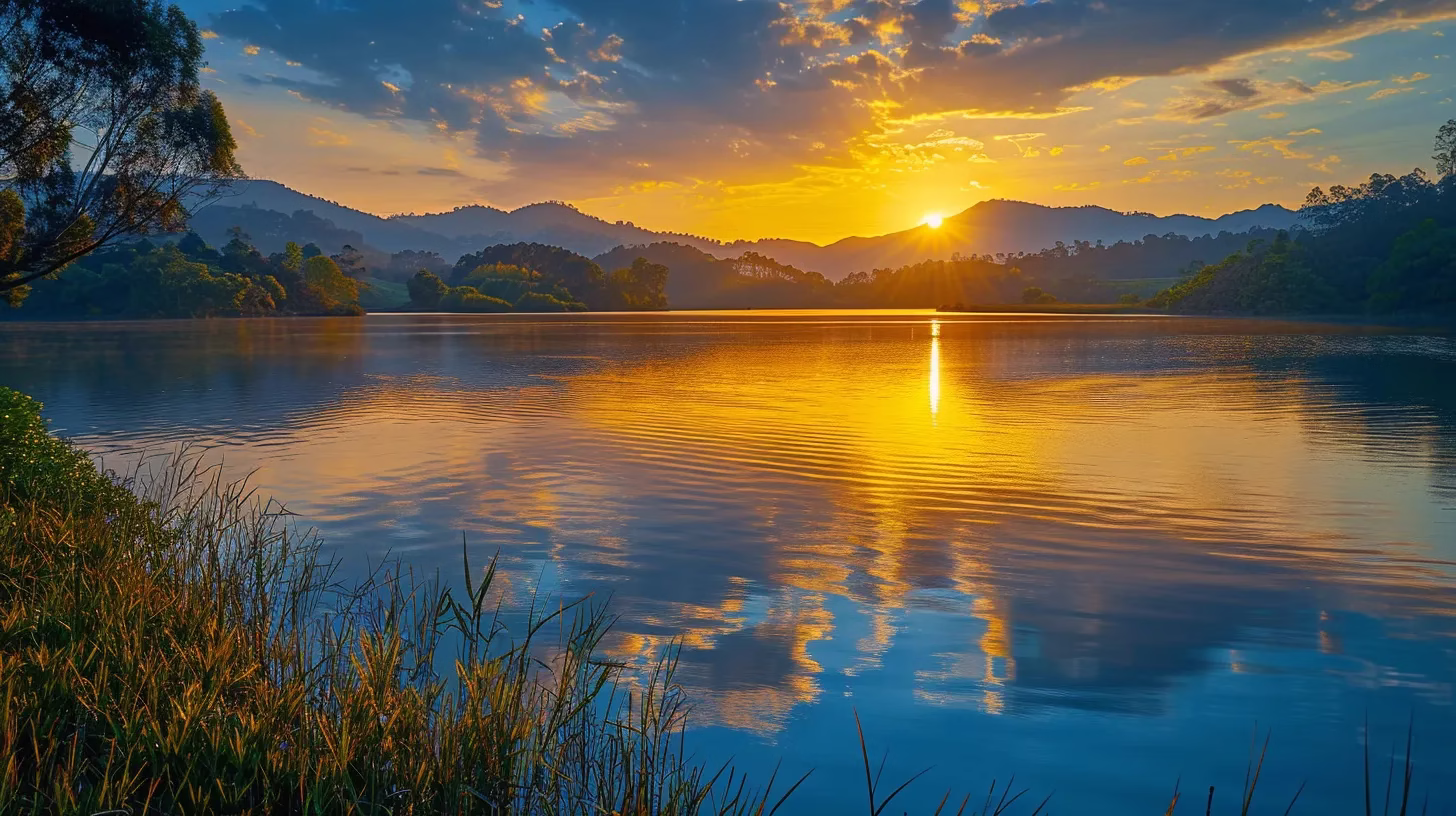 How to Buy Outdoor Water for Your Next Expedition 4 a vibrant sunrise casts golden light over a tranquil lake surrounded by lush, rolling hills, reflecting the serene beauty of nature in perfect harmony.