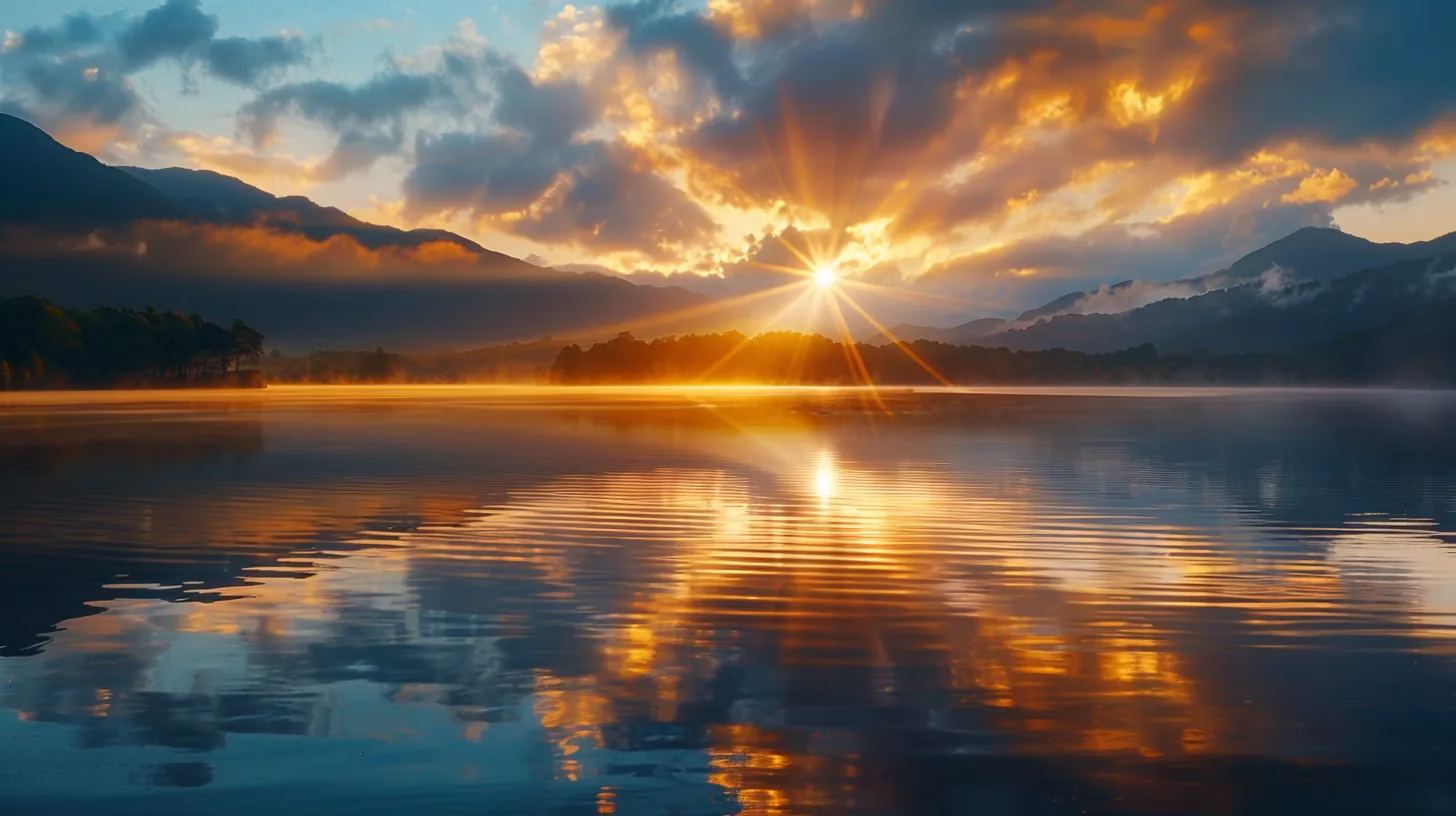 Must-Have Fountain Accessories for Every Garden Lover 1 a vibrant sunrise casts golden rays over a serene lake, reflecting the surrounding lush mountains and creating a tranquil atmosphere of natural beauty.