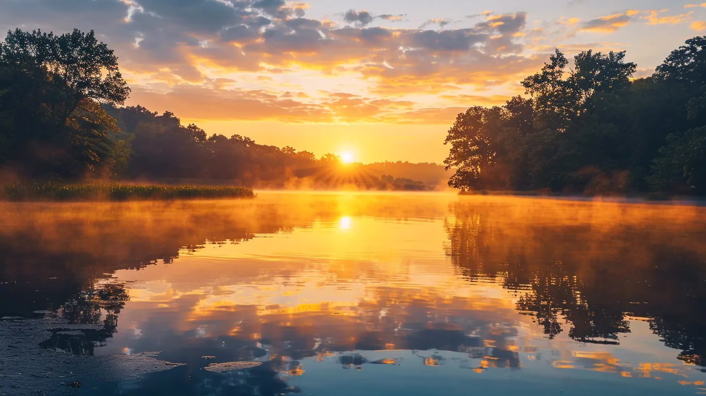 Benefits of Custom Water Features for Outdoor Spaces 1 a vibrant sunrise casts golden hues over a tranquil lake, where mist gently dances above the water's surface, reflecting the surrounding lush greenery.