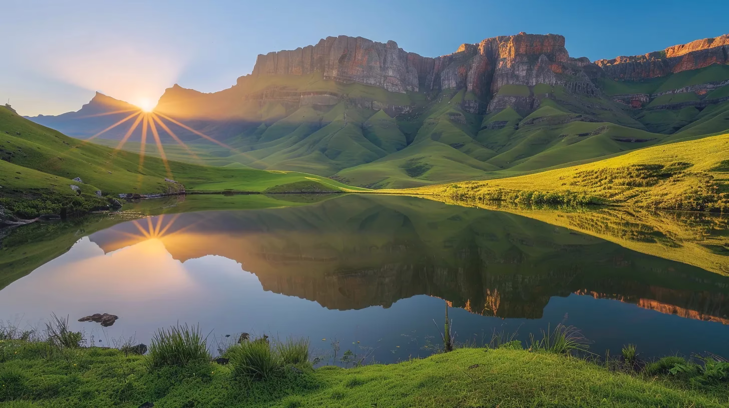 Affordable Fountain Outdoor for Sale for Garden Makeovers 2 a vibrant sunrise casts golden rays across a tranquil lake, reflecting lush green mountains and a clear, blue sky, evoking a sense of peace and harmony in nature.