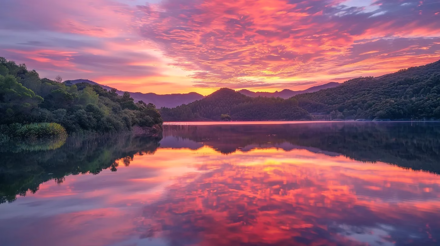 Create Privacy and Beauty With an Elegant Garden Wall 6 a vibrant sunrise casts golden light over a tranquil lake, surrounded by lush green mountains and a sky filled with pink and orange hues, reflecting beautifully on the water's surface.